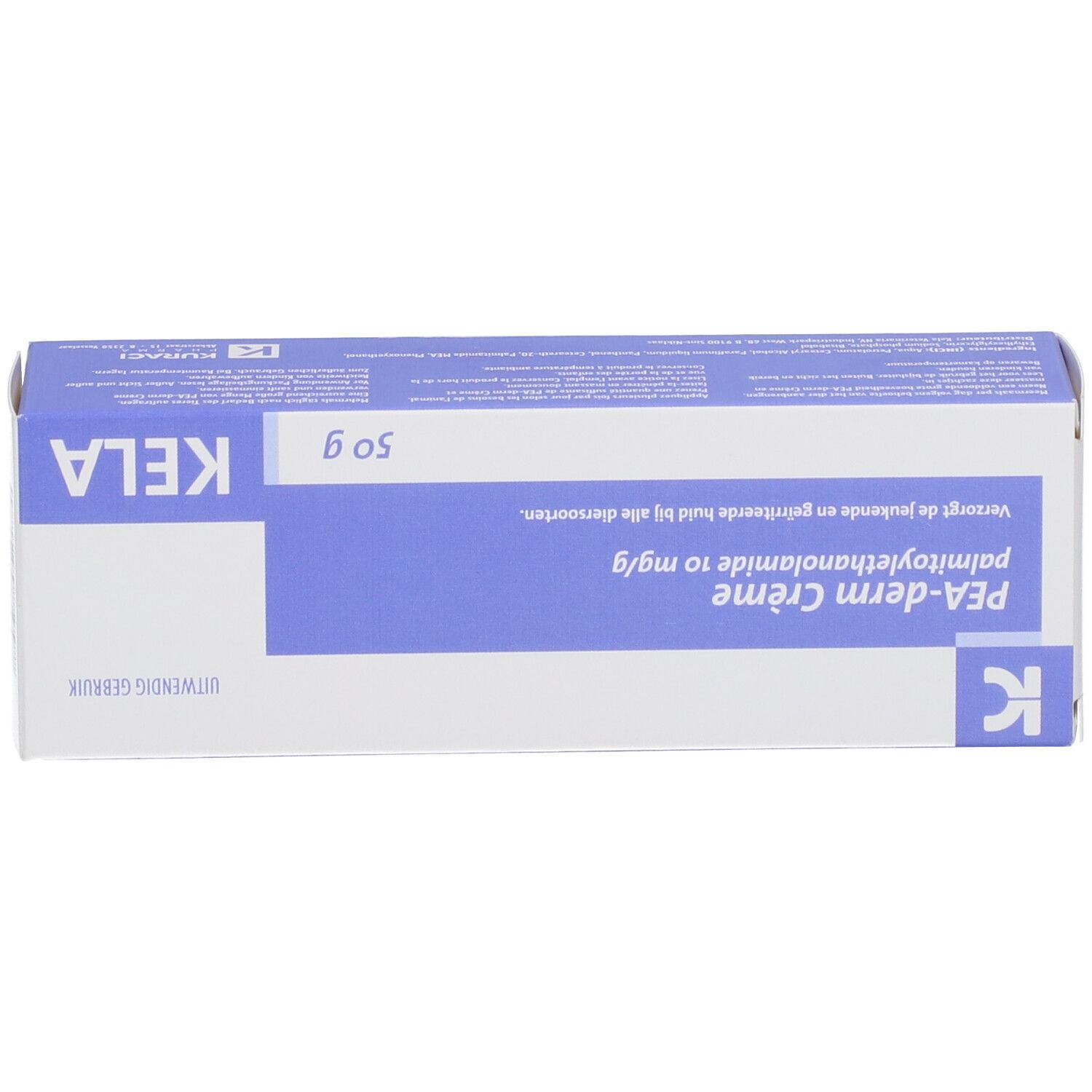 Schachtel mit Beschriftung: PEA-derm Crème, 10 mg/g, Kela, 50 g. Text in Deutsch, Niederländisch und Französisch.