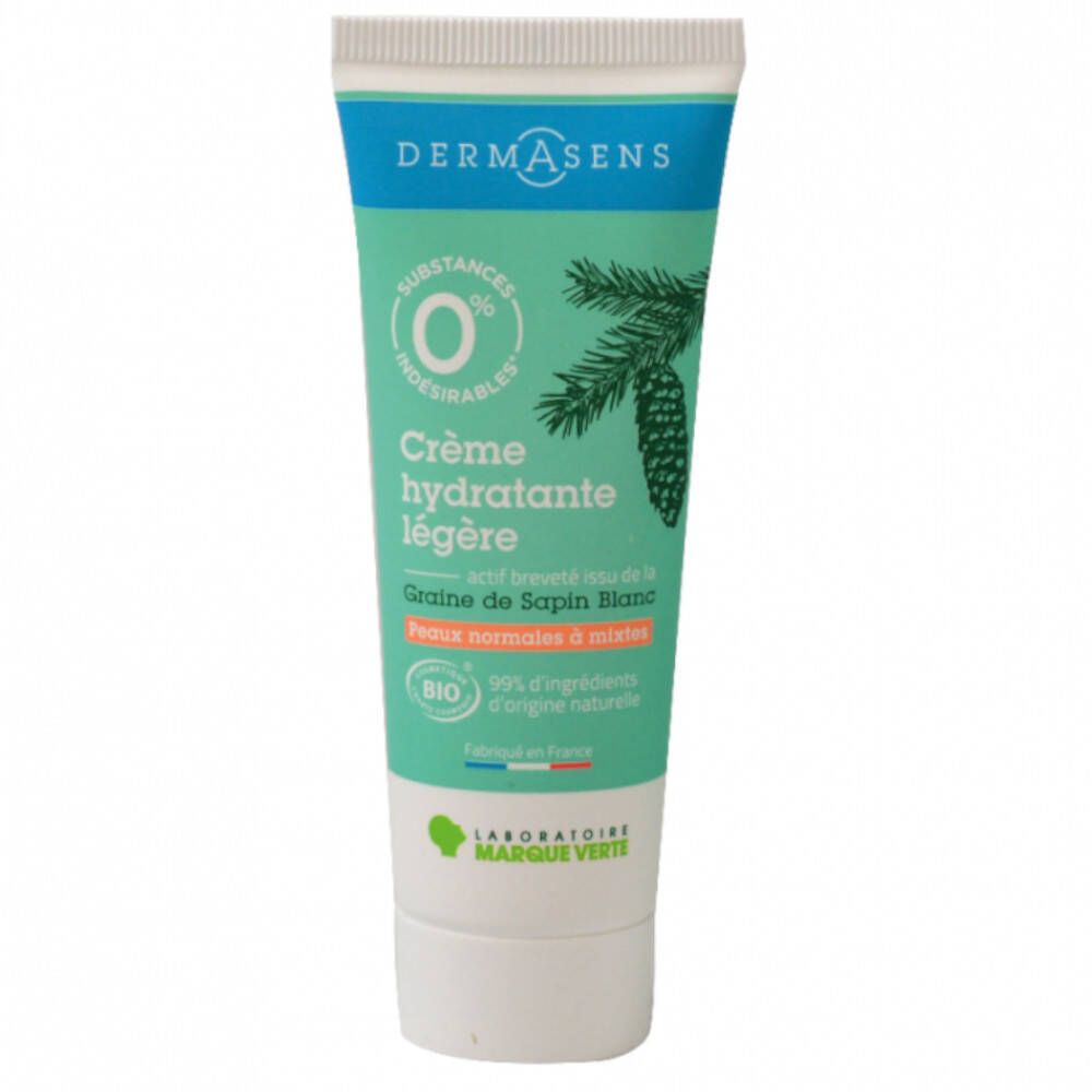 Tube de crème vert et blanc. Texte: Dermasens, Crème hydratante légère, certification Bio, 0% substances indésirables.
