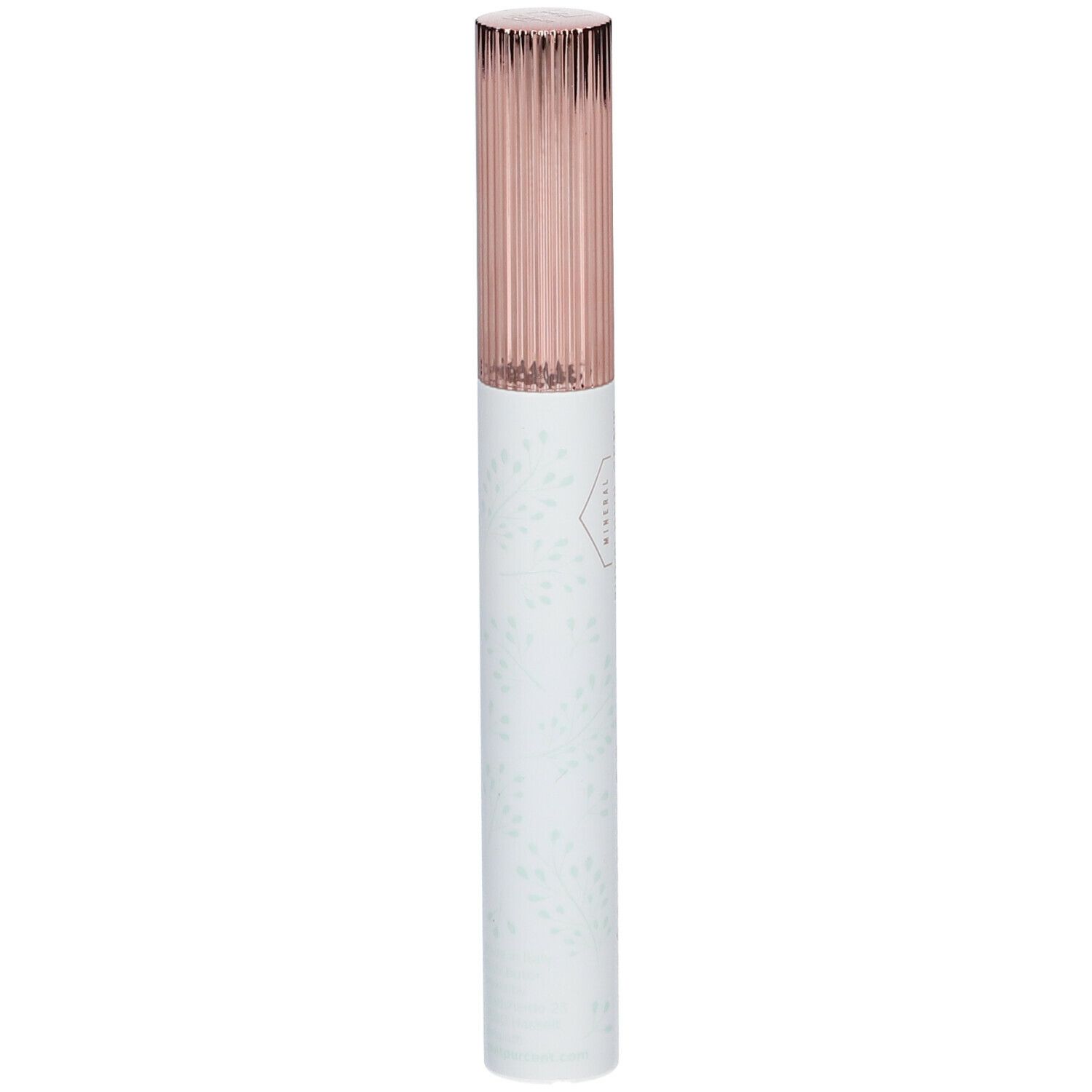 Tube de mascara avec capuchon or rose. Étiquette blanche avec motif floral. Nom du produit non visible.