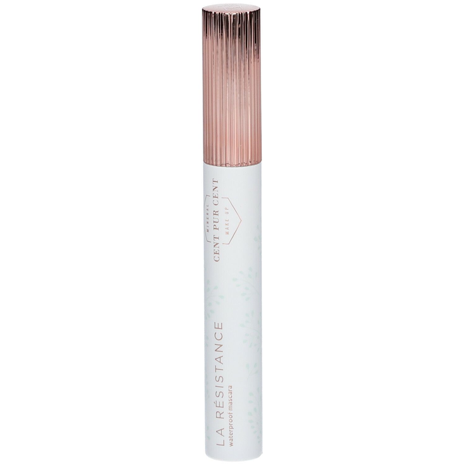 Tube de mascara avec capuchon or rose. Étiquette blanche avec texte et motif floral. Nom du produit : LA RÉSISTANCE.