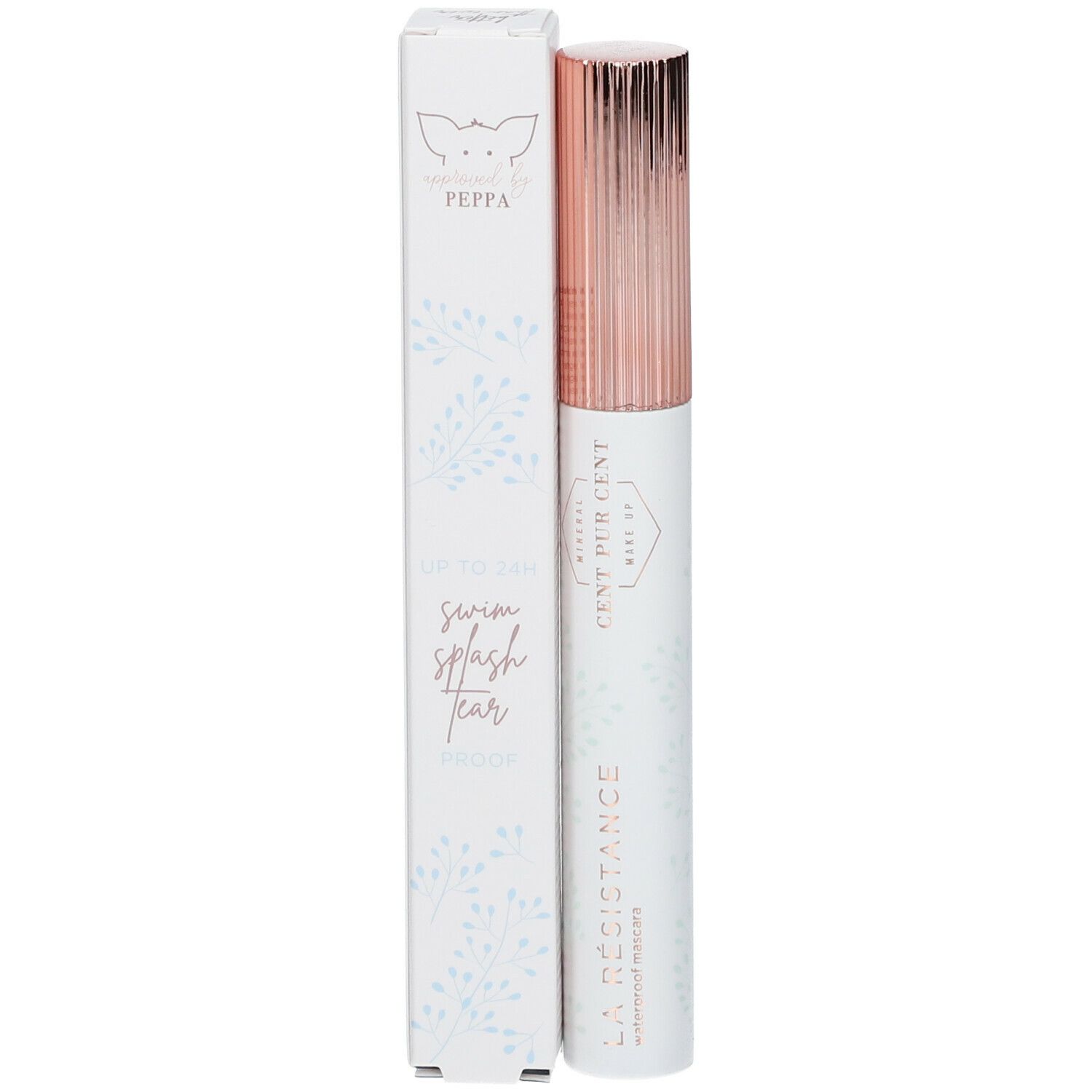 Tube de mascara avec capuchon or rose et emballage. Emballage avec texte et motif floral. Nom du produit : LA RÉSISTANCE.