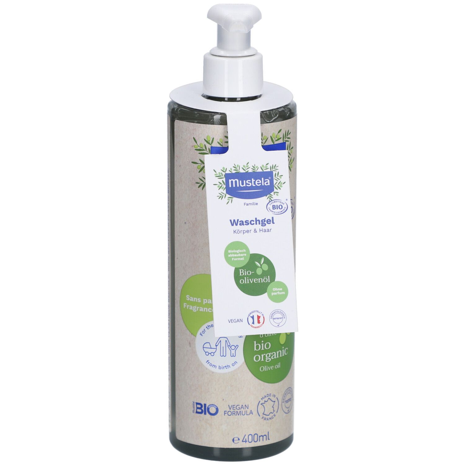 Mustela Waschgel, Körper & Haar, Bio-Olivenöl, 400ml Flasche mit Spender. Bio-Zertifizierung, vegan.