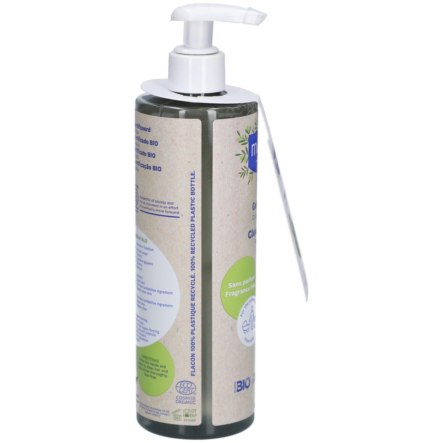 Mustela Waschgel Flasche, 100% recyceltes Plastik. Etikett mit Produktinformationen. Bio-Zertifizierung.