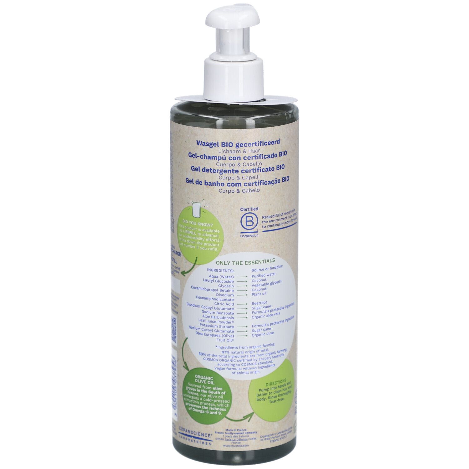 Rückseite der Mustela Waschgel Flasche. Produktinformationen, Inhaltsstoffe, Bio-Zertifizierung, vegan.
