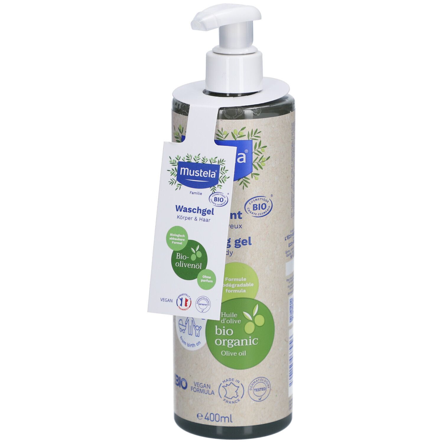 Mustela Waschgel, Körper & Haar, Bio-Olivenöl, 400ml Flasche mit Spender. Bio-Zertifizierung, vegan.