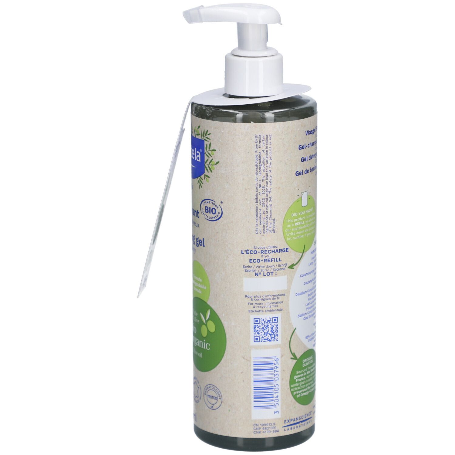 Rückseite der Mustela Waschgel Flasche. Produktinformationen, Inhaltsstoffe, Bio-Zertifizierung, vegan.