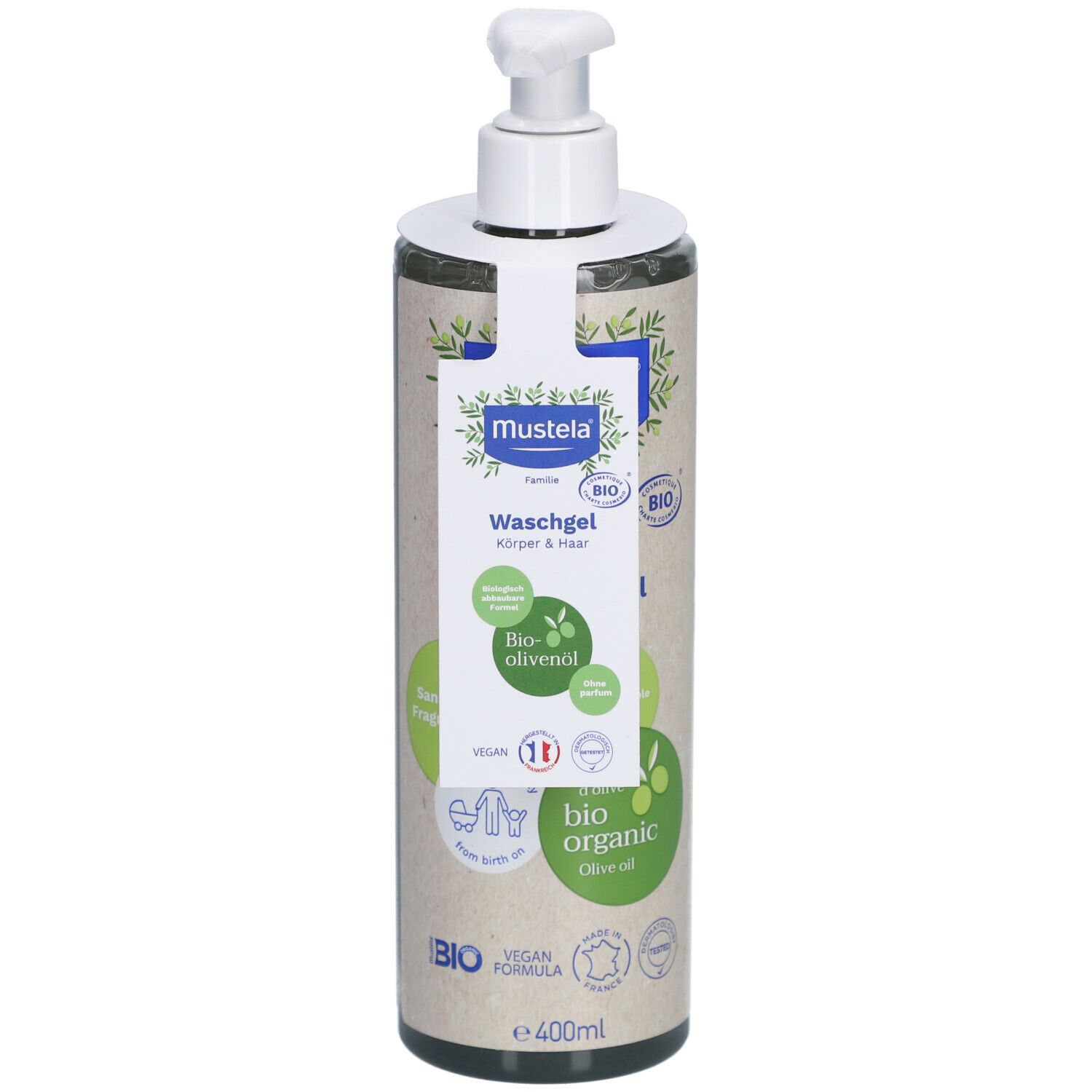Mustela Waschgel, Körper & Haar, Bio-Olivenöl, 400ml Flasche mit Spender. Bio-Zertifizierung, vegan.