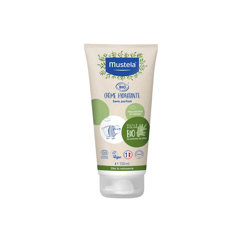 Tube de crème Mustela "Crème hydratante" certifiée bio. Logo vegan et symbole d'huile d'olive.