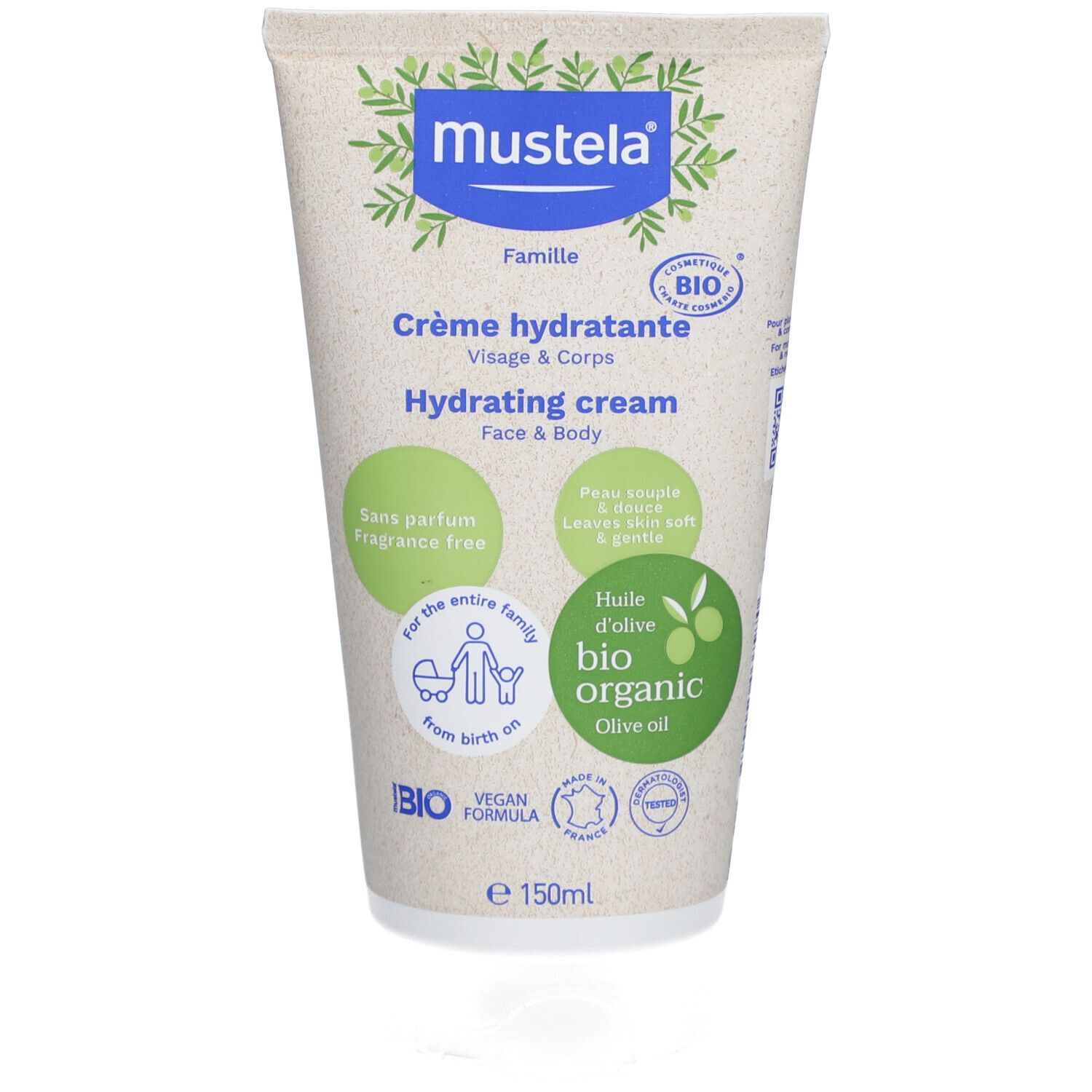 Creme-Tube mit Mustela-Logo und Schriftzug "Crème hydratante". Bio-Zertifizierung und Olivenöl-Symbol.
