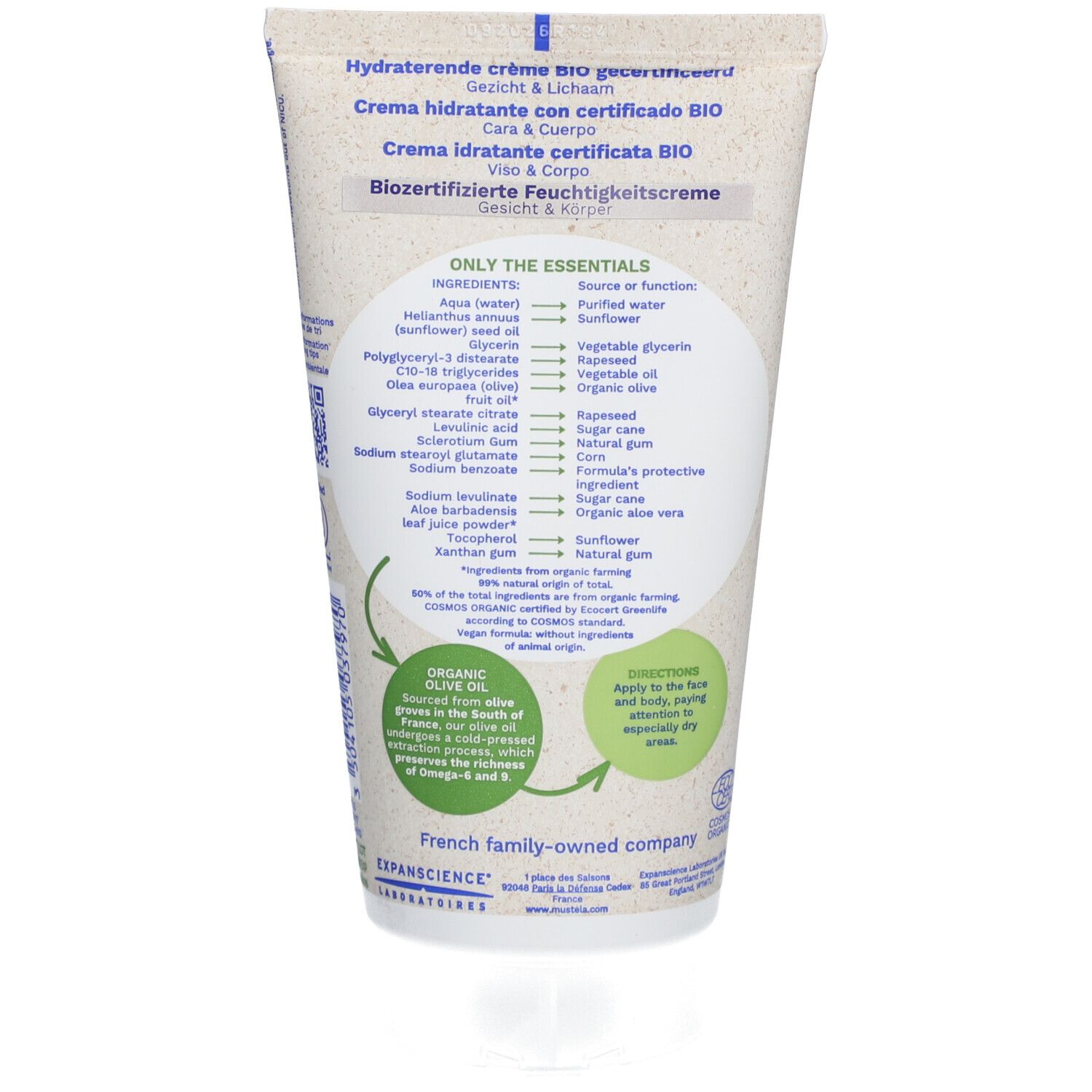 Rückseite der Creme-Tube. Auflistung der Inhaltsstoffe und Informationen zur Bio-Zertifizierung.