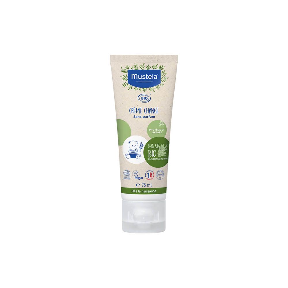 Tube de crème change Mustela Bio. Sans parfum. Certifié bio. Huile d'olive. Vegan. Dès la naissance.