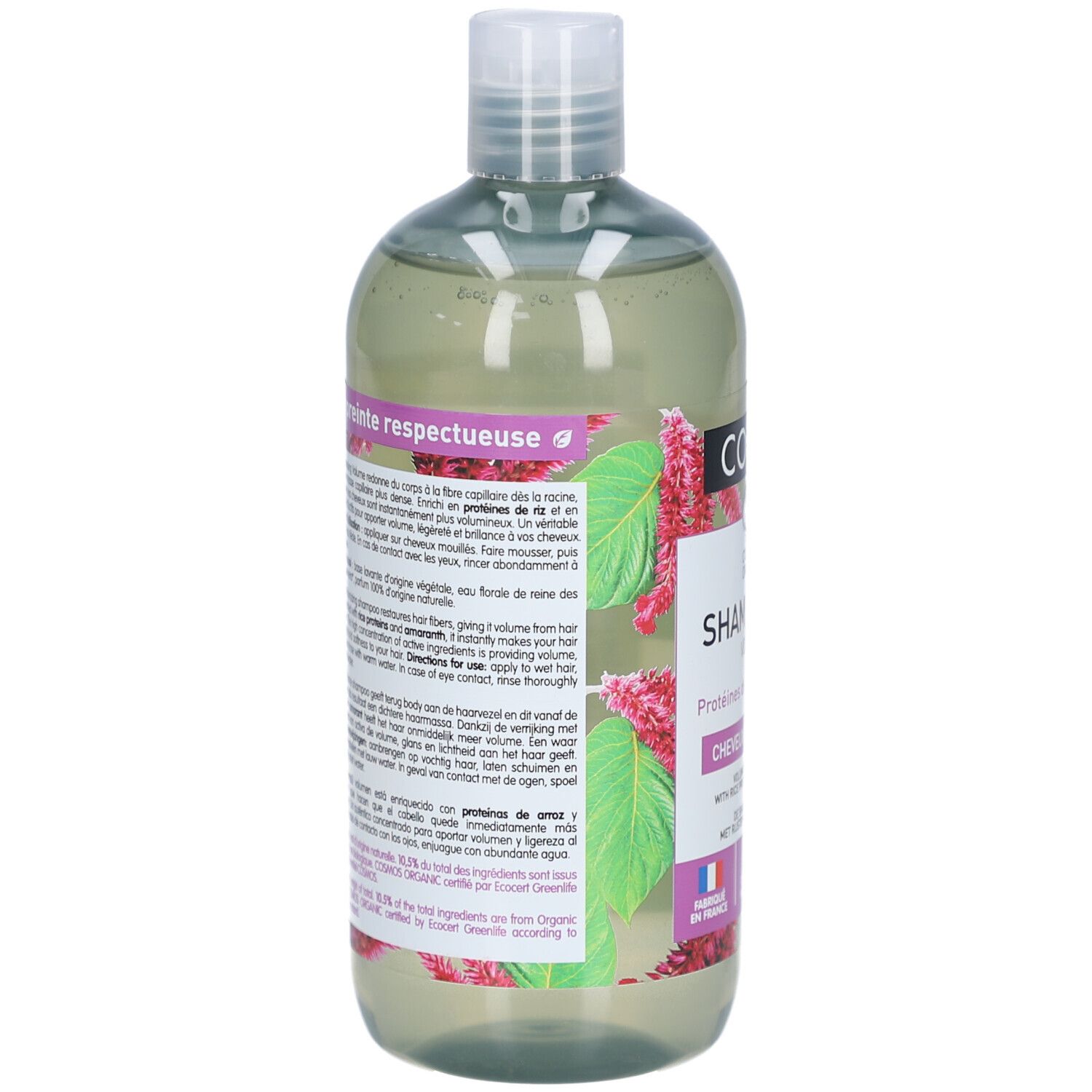 Rückseite der Shampooing Volume Flasche. Text auf Französisch, Englisch und Niederländisch. Abbildung von Pflanzen.