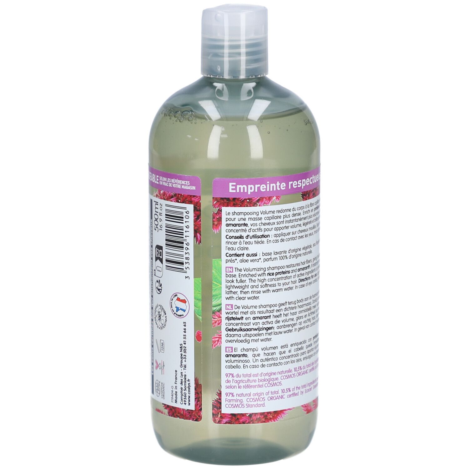 Rückseite der Shampooing Volume Flasche. Text auf Französisch, Englisch und Niederländisch. Barcode und Logos.