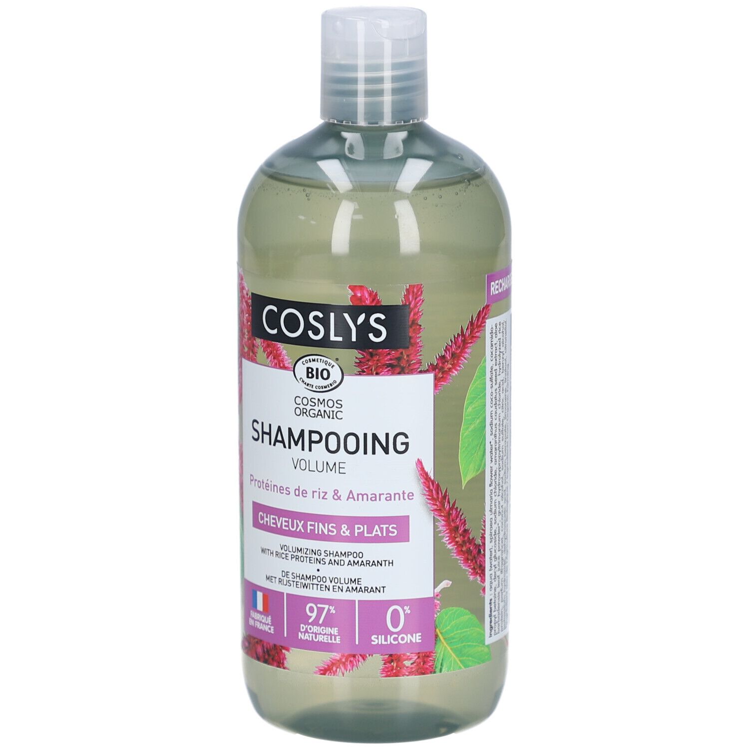 Shampooing Volume Flasche. Transparentes Shampoo mit Etikett. Aufschrift: COSLYS, Shampooing Volume, Proteinen de riz & Amarante.