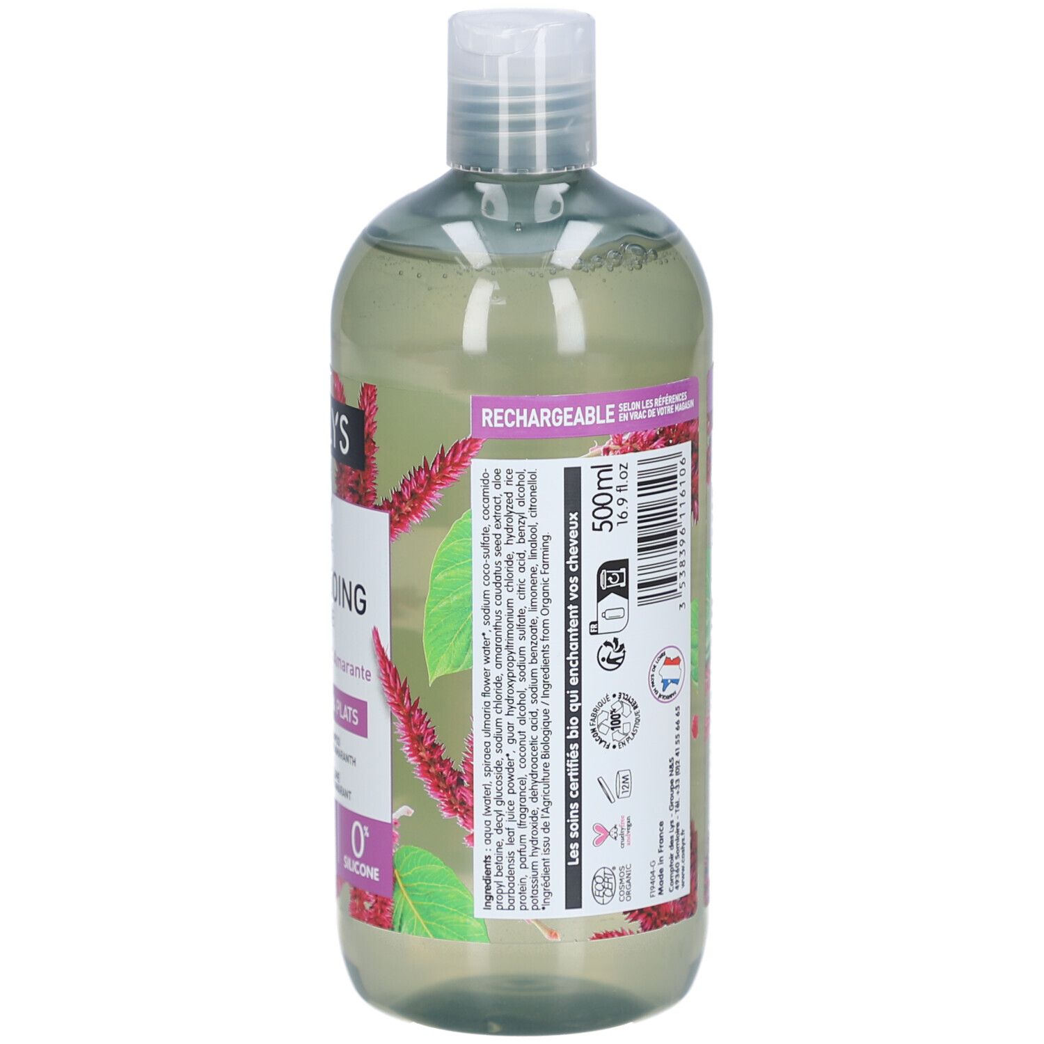 Shampooing Volume Flasche. Transparentes Shampoo mit Etikett. Aufschrift: COSLYS, Shampooing Volume, Proteinen de riz & Amarante. 500ml.