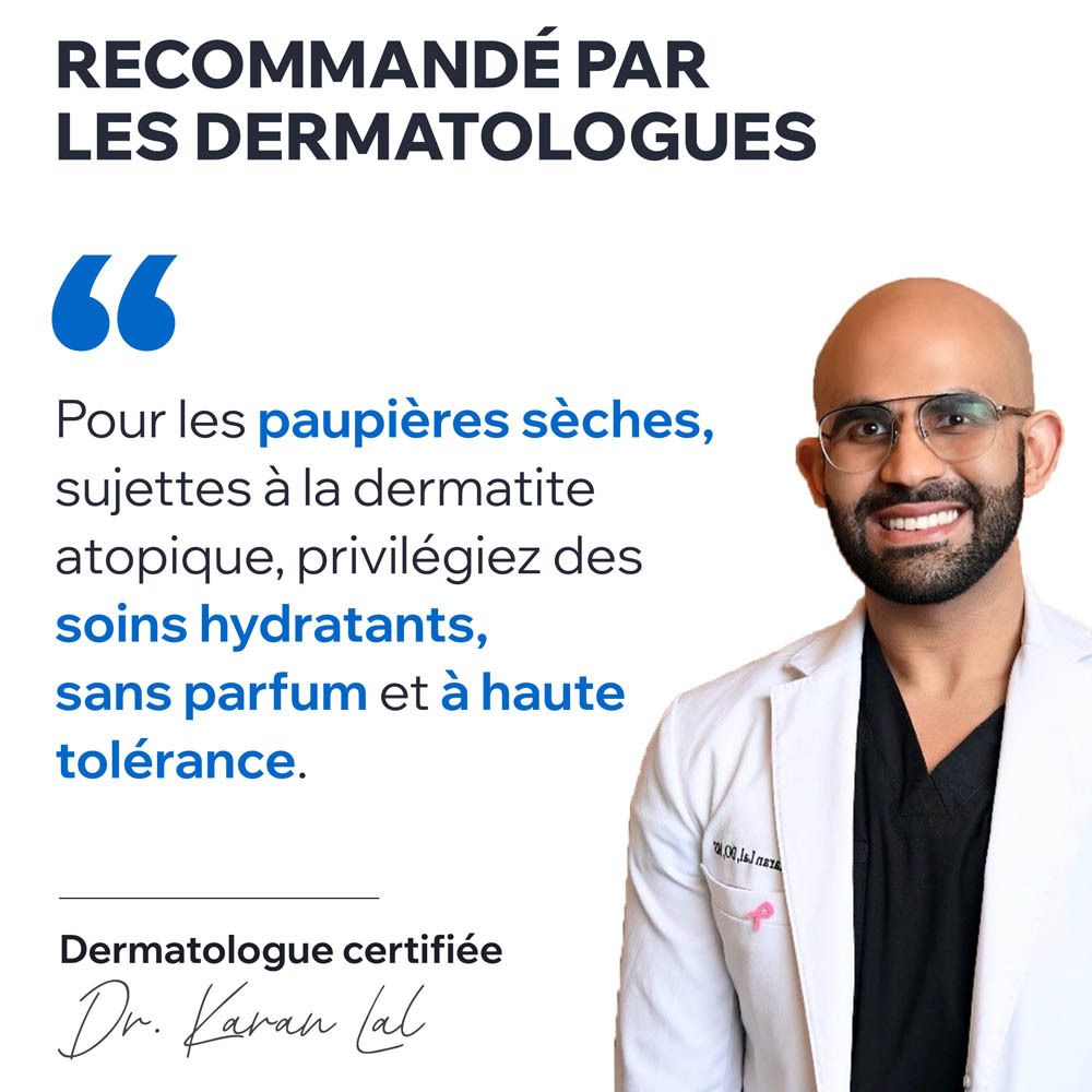 Un homme avec des lunettes. Texte. Recommandation dermatologique.