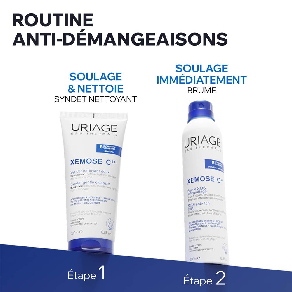 Uriage Xémose C++ Spray. Routine anti-démangeaisons: Gel-crème nettoyant et spray. Étape 1 et 2.