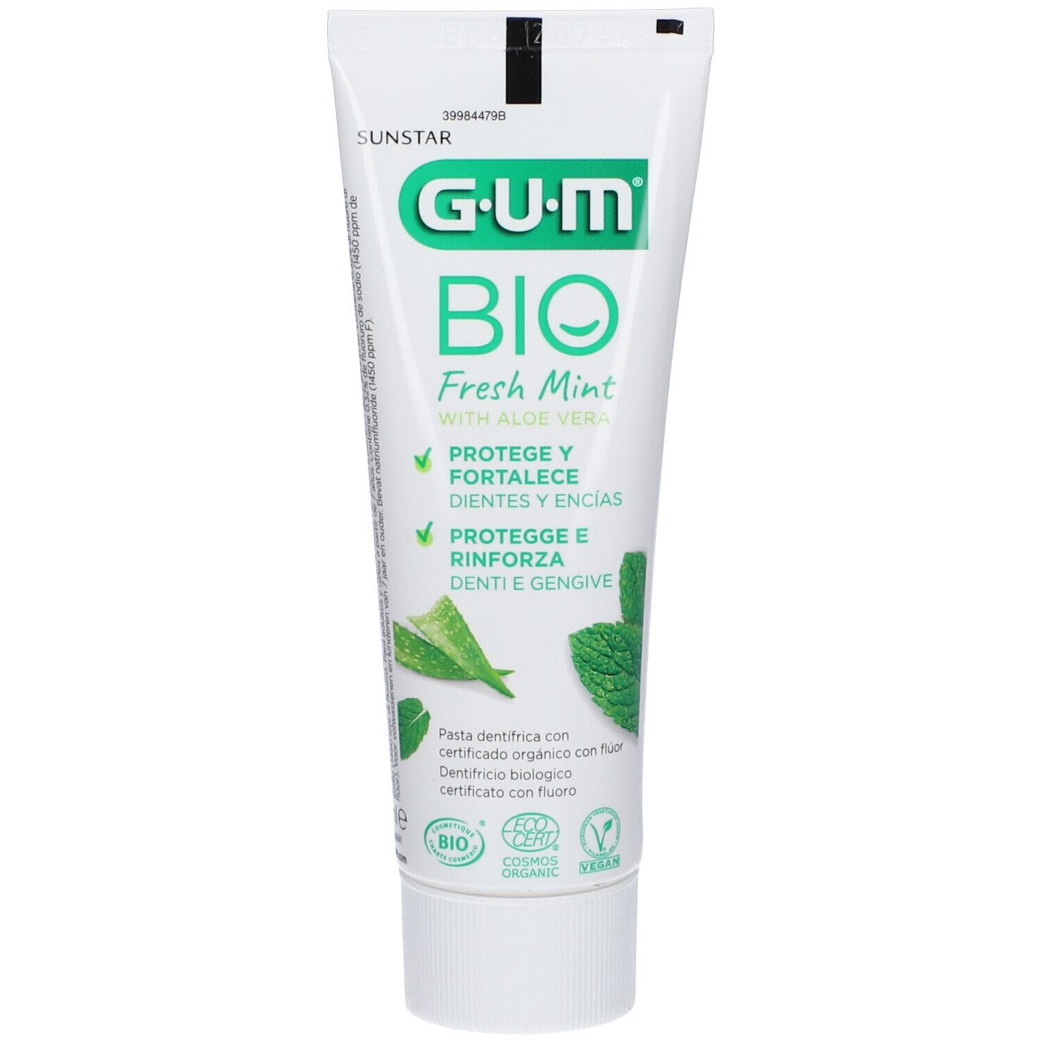 Zahncreme-Tube G.U.M® BIO Fresh Mint. Weiß, mit grünem Logo und Text. Enthält Aloe Vera. Bio-Zertifizierung und Vegan-Siegel.