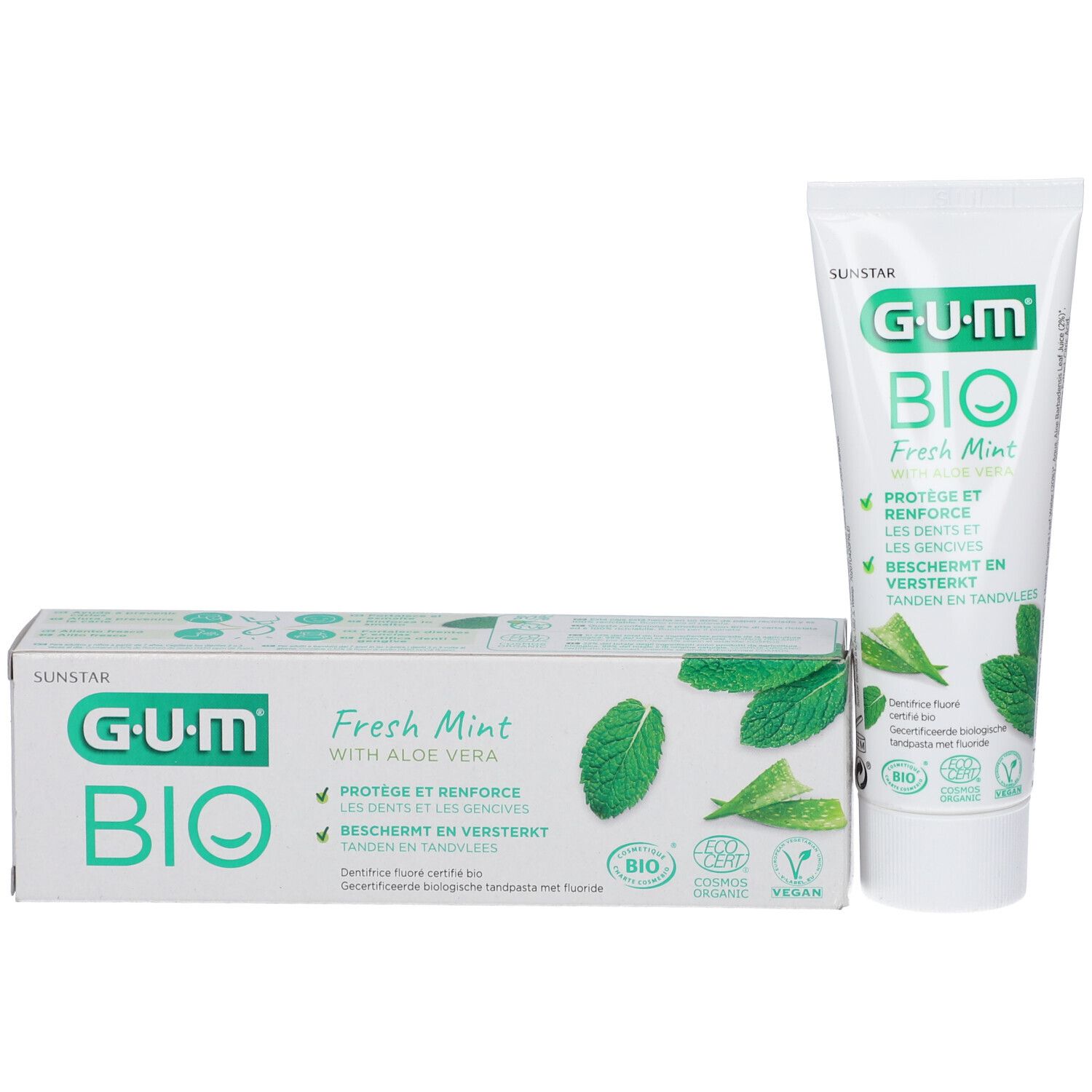 Zahncreme-Tube und -Verpackung G.U.M® BIO Fresh Mint. Weiß, grün. Enthält Aloe Vera. Bio-Zertifizierung und Vegan-Siegel.