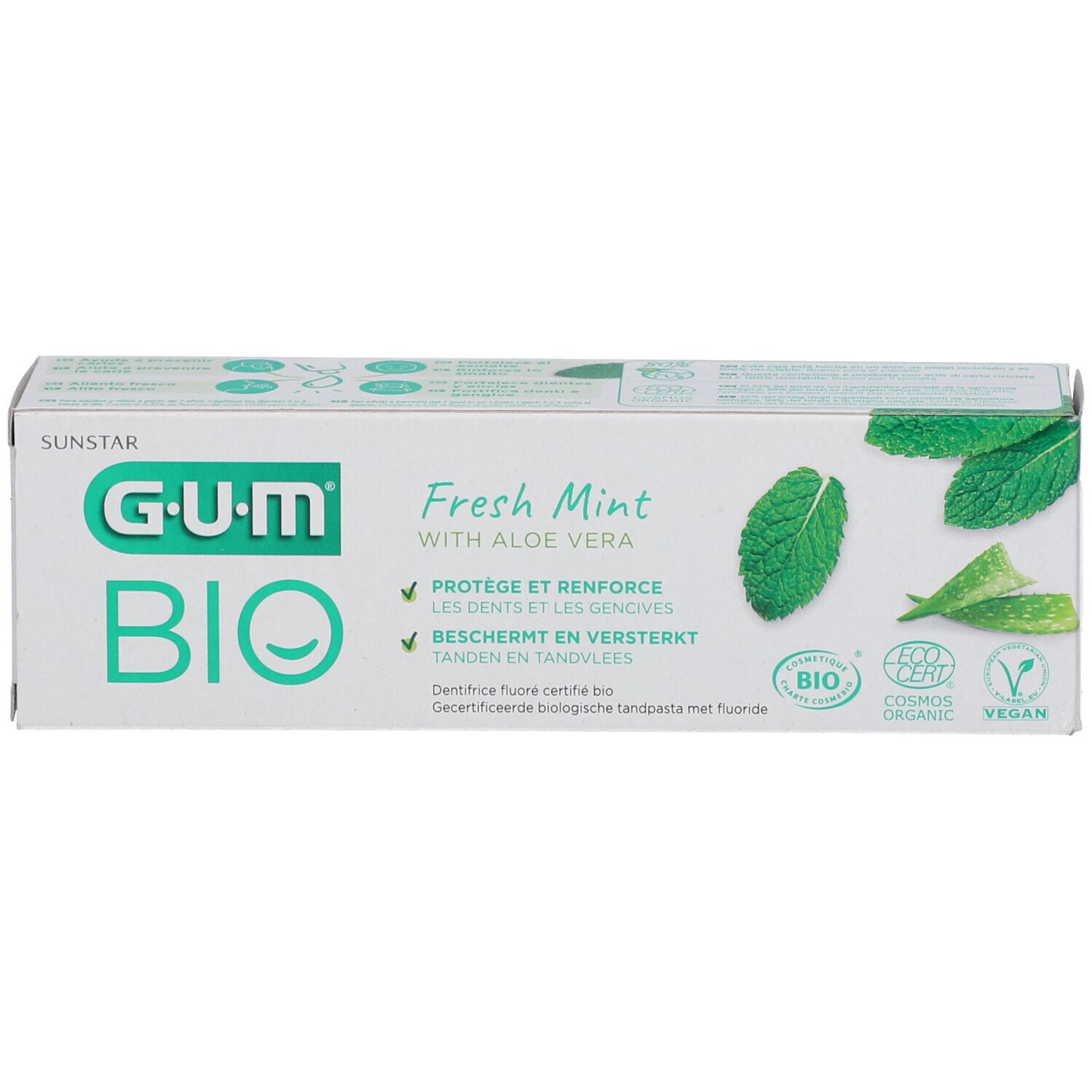Verpackung G.U.M® BIO Fresh Mint. Weiß, grün. Enthält Aloe Vera. Bio-Zertifizierung und Vegan-Siegel. Text in Deutsch, Französisch, Niederländisch.