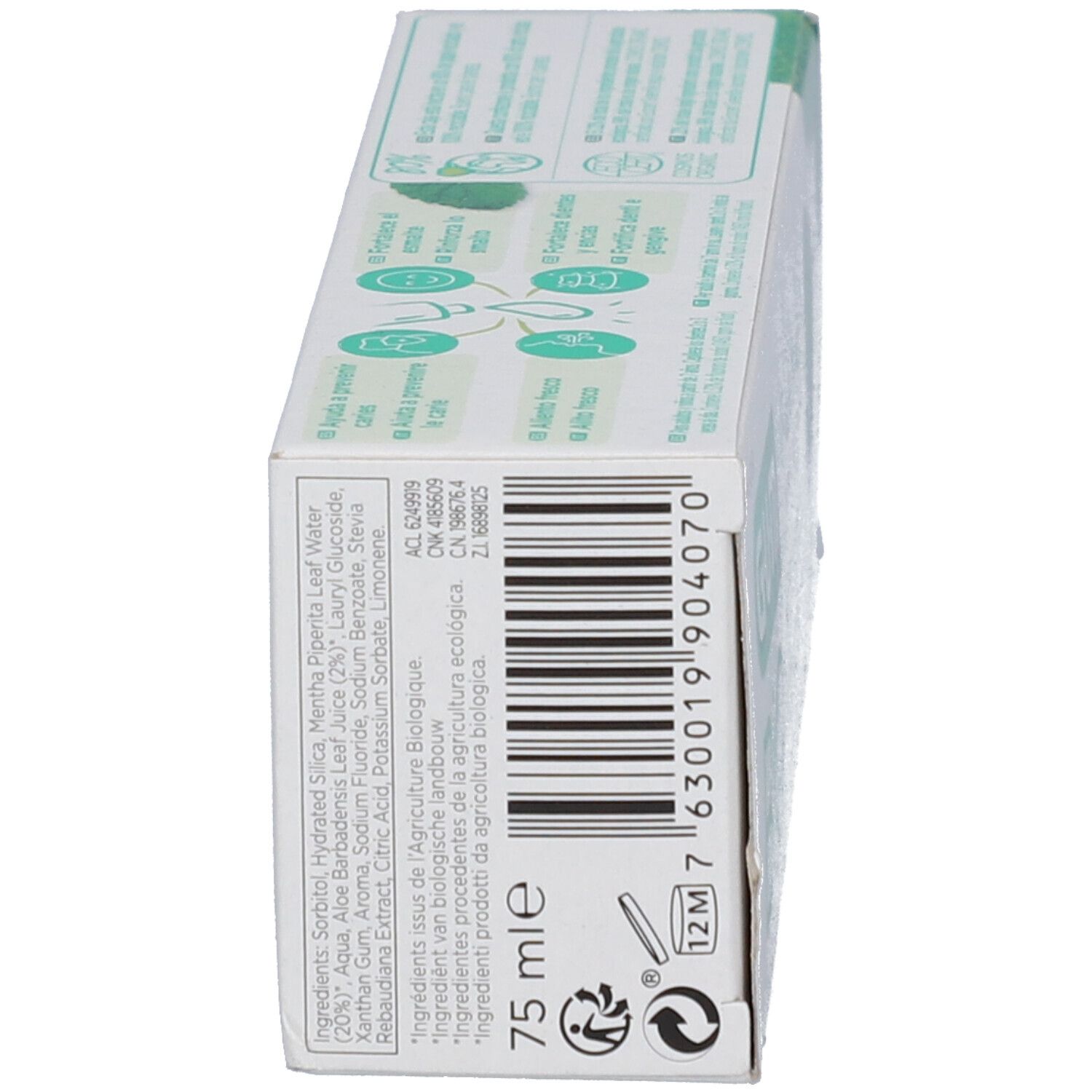 Seitenansicht der Verpackung G.U.M® BIO Fresh Mint. Enthält Inhaltsstoffe und Zertifizierungen. 75 ml.