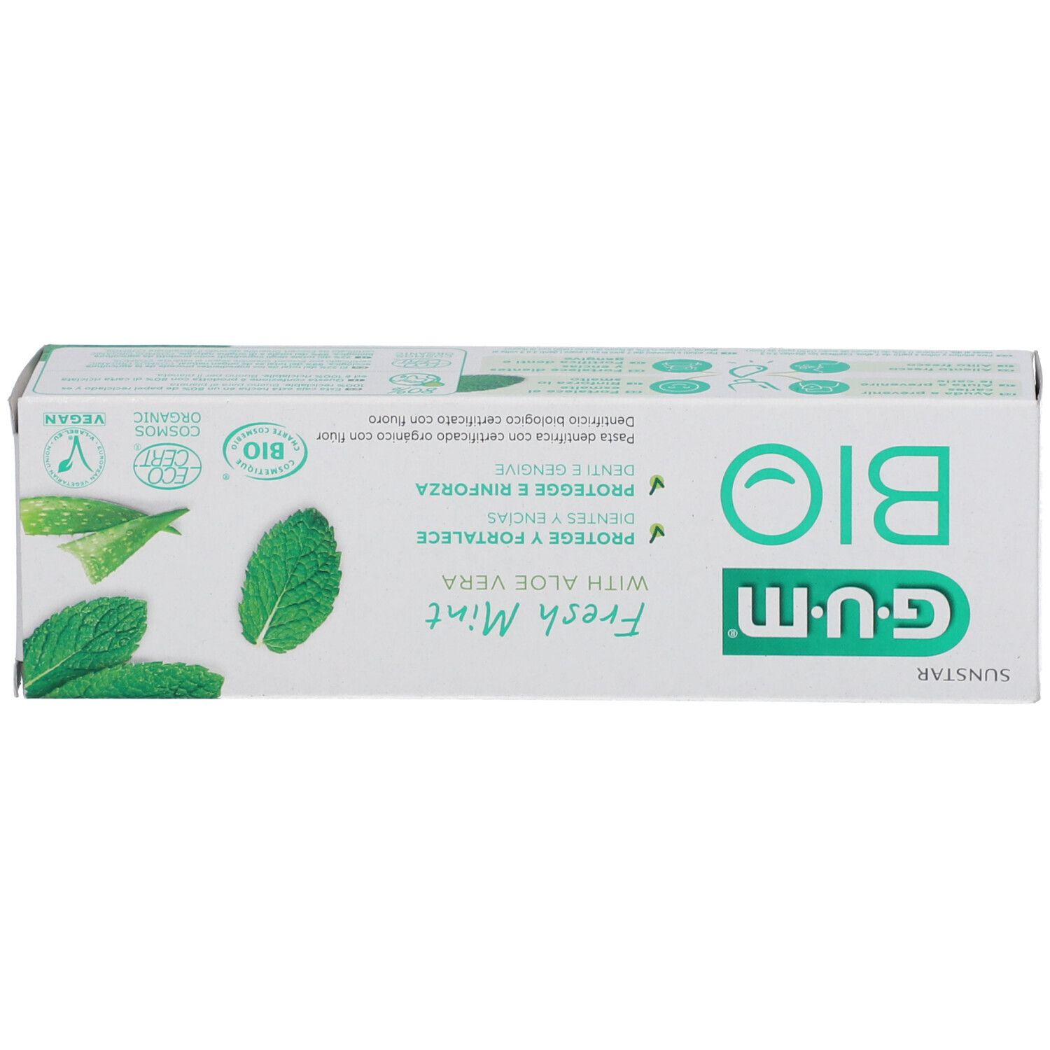 Verpackung G.U.M® BIO Fresh Mint. Weiß, grün. Enthält Aloe Vera. Bio-Zertifizierung und Vegan-Siegel. Text in Deutsch, Französisch, Italienisch.