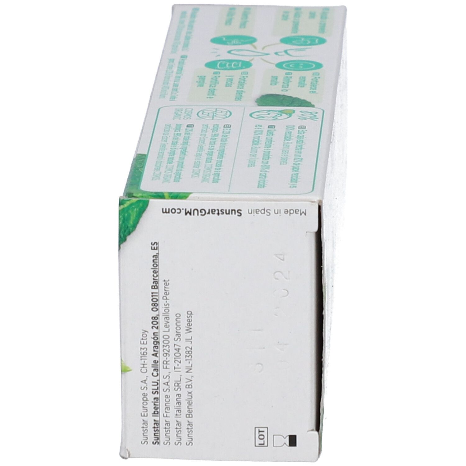 Seitenansicht der Verpackung G.U.M® BIO Fresh Mint. Enthält Kontaktinformationen und Herstellungsort.