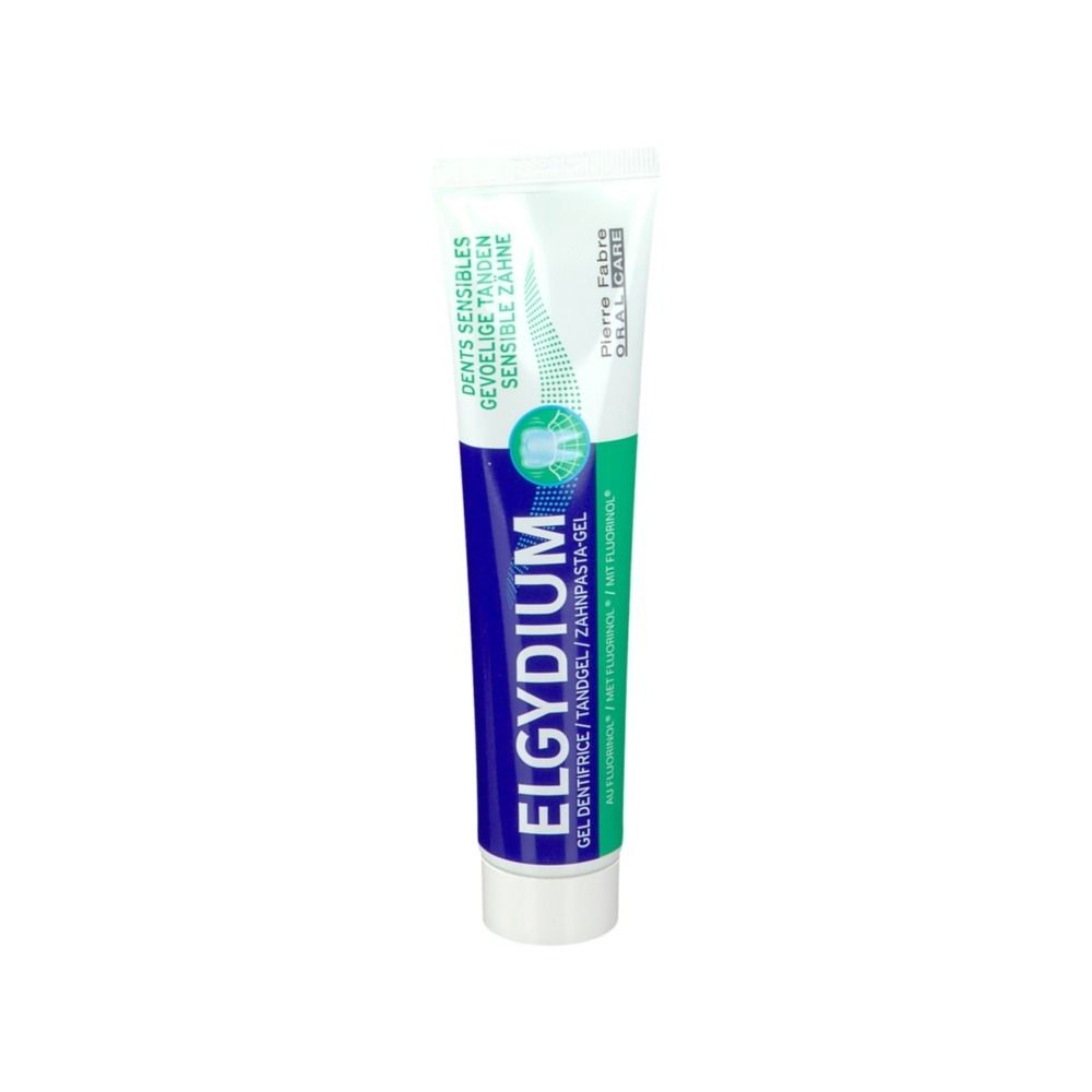 Tube de gel dentifrice ELGYDIUM Sensitiv. Blanc, bleu et vert. Texte : Dents sensibles, gevoelige tanden, sensible Zähne.