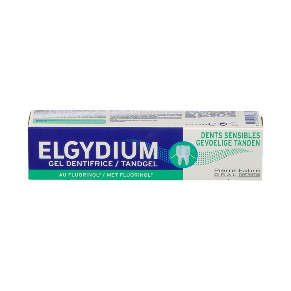 Boîte de dentifrice ELGYDIUM Sensitiv. Bleu, blanc, vert. Texte : ELGYDIUM, Dents sensibles, gevoelige tanden, sensible Zähne.