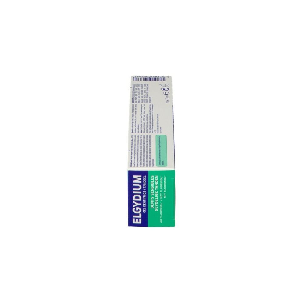 Boîte de dentifrice ELGYDIUM Sensitiv. Bleu, blanc, vert. Texte : ELGYDIUM, dents, dents sensibles, met fluorinol.