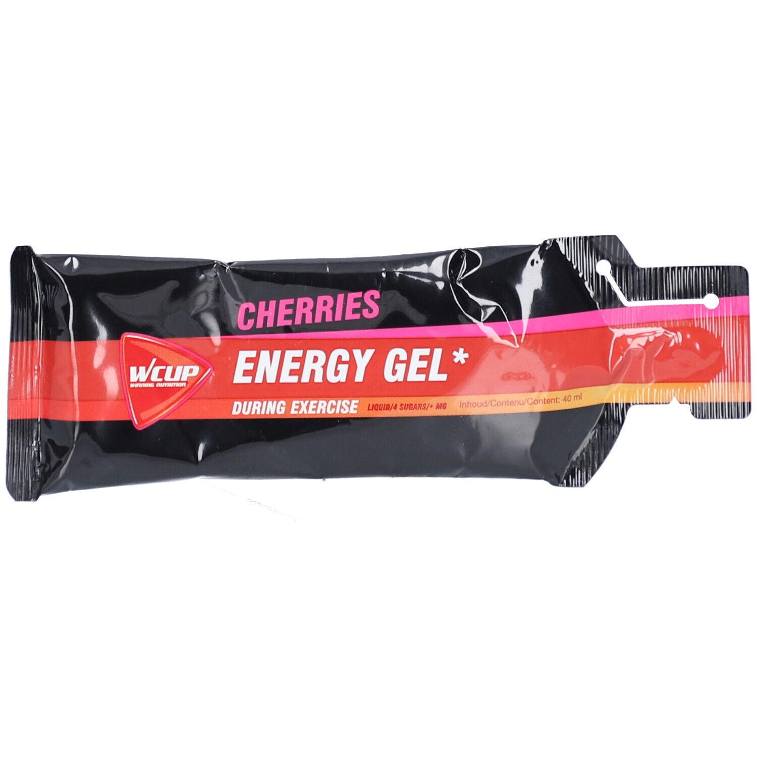 Schwarzer Beutel mit roter und pinkfarbener Schrift. "Cherries" und "Energy Gel" sind sichtbar. Wcup-Logo.