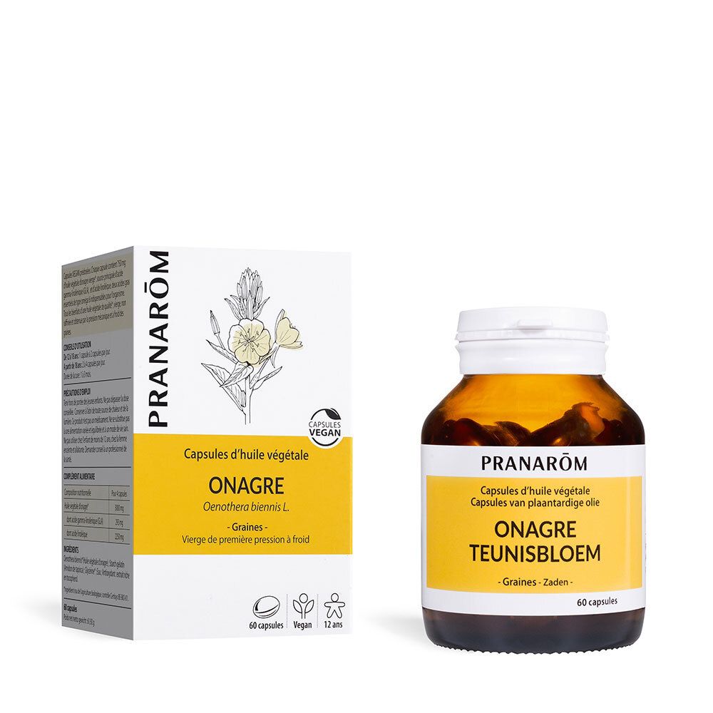 Braune Glasflasche und Karton mit Kapseln. Aufschrift: PRANAROM, Onagre, Capsules d'huile végétale. 60 Kapseln.