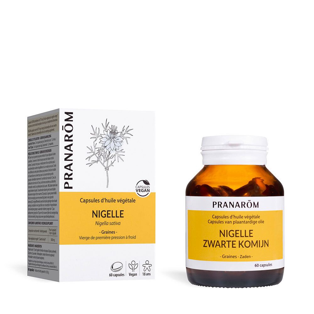 Kapseln in einer braunen Glasflasche und Schachtel. Aufschrift: PRANAROM, Nigelle, 60 Kapseln, vegan.