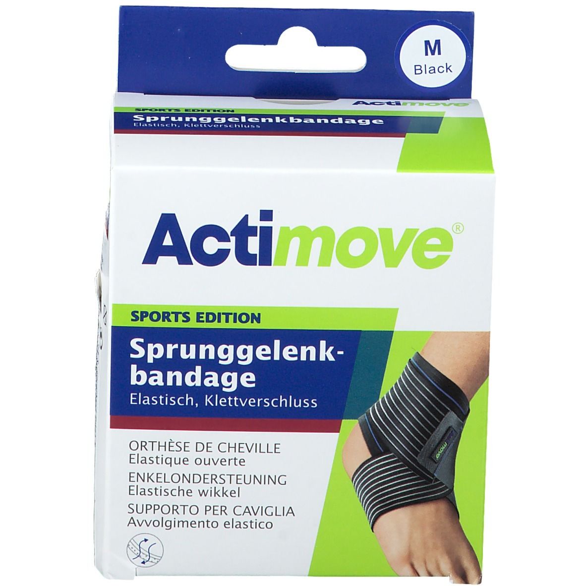 Verpackung der Actimove Knöchelorthese. Schwarz, Größe M. Text: Sprunggelenkbandage.