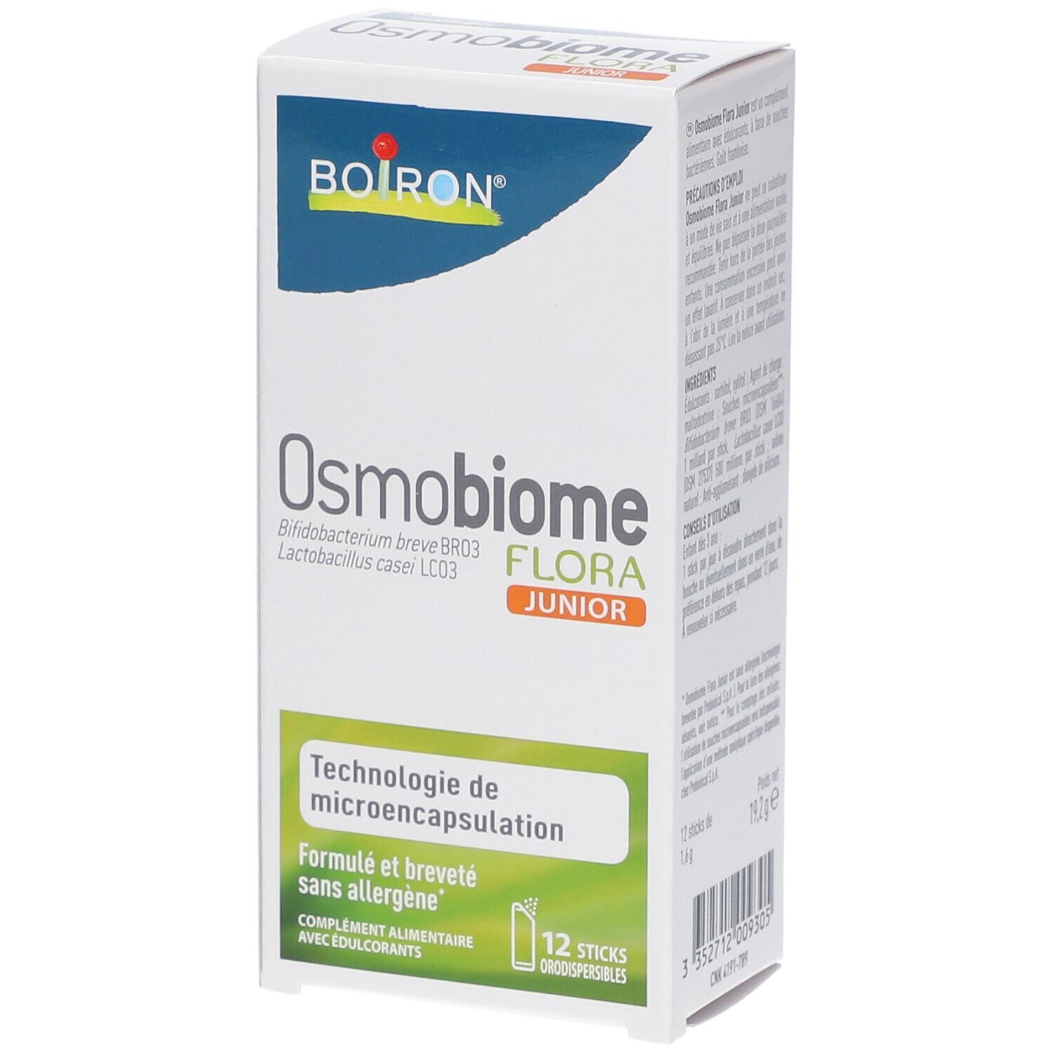Schachtel mit BOIRON® Osmobiome® Flora Junior. 12 Sticks. Technologie der Mikroverkapselung. Ohne Allergene.