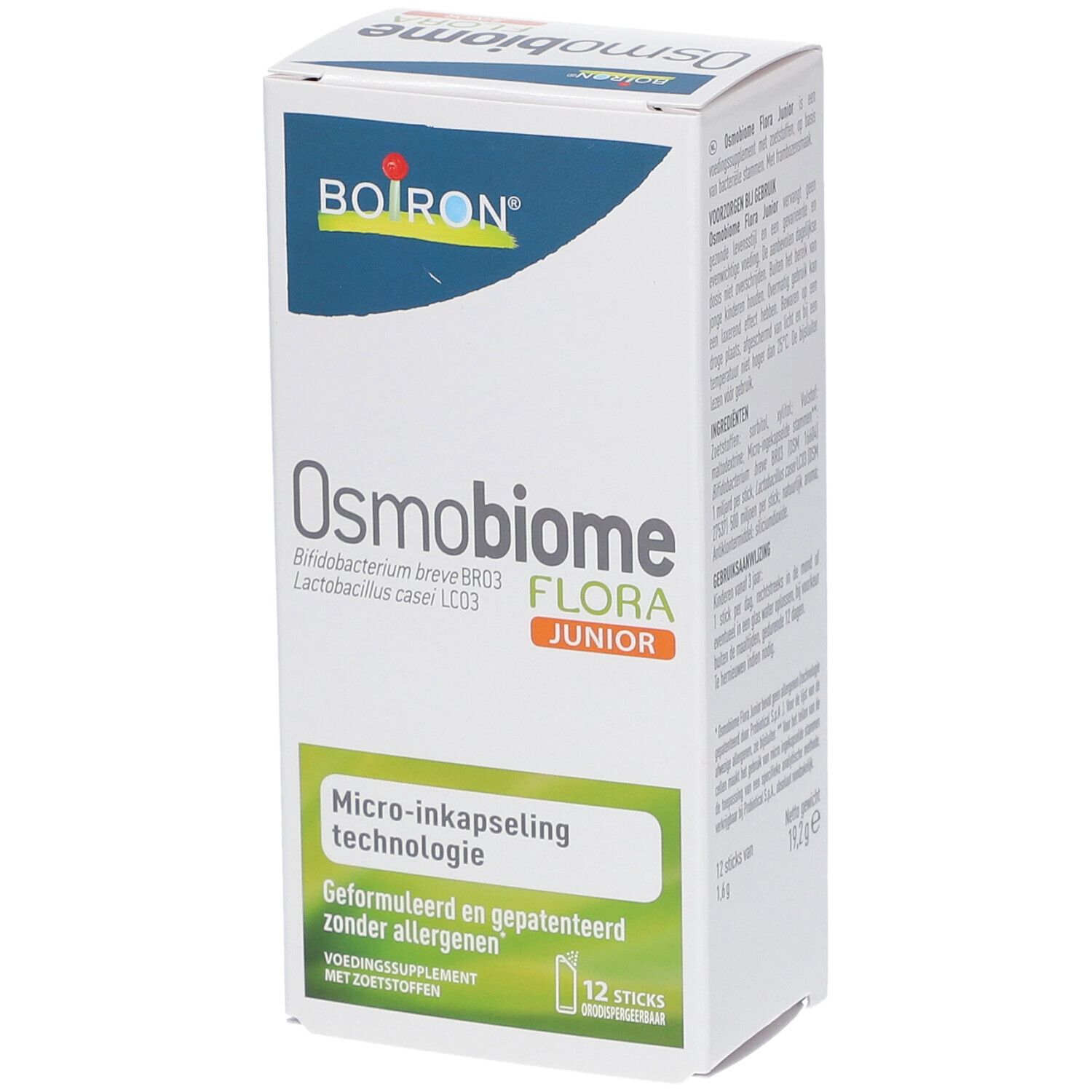 Schachtel BOIRON® Osmobiome® Flora Junior. 12 Sticks. Micro-inkapseling technologie. Ohne Allergene.