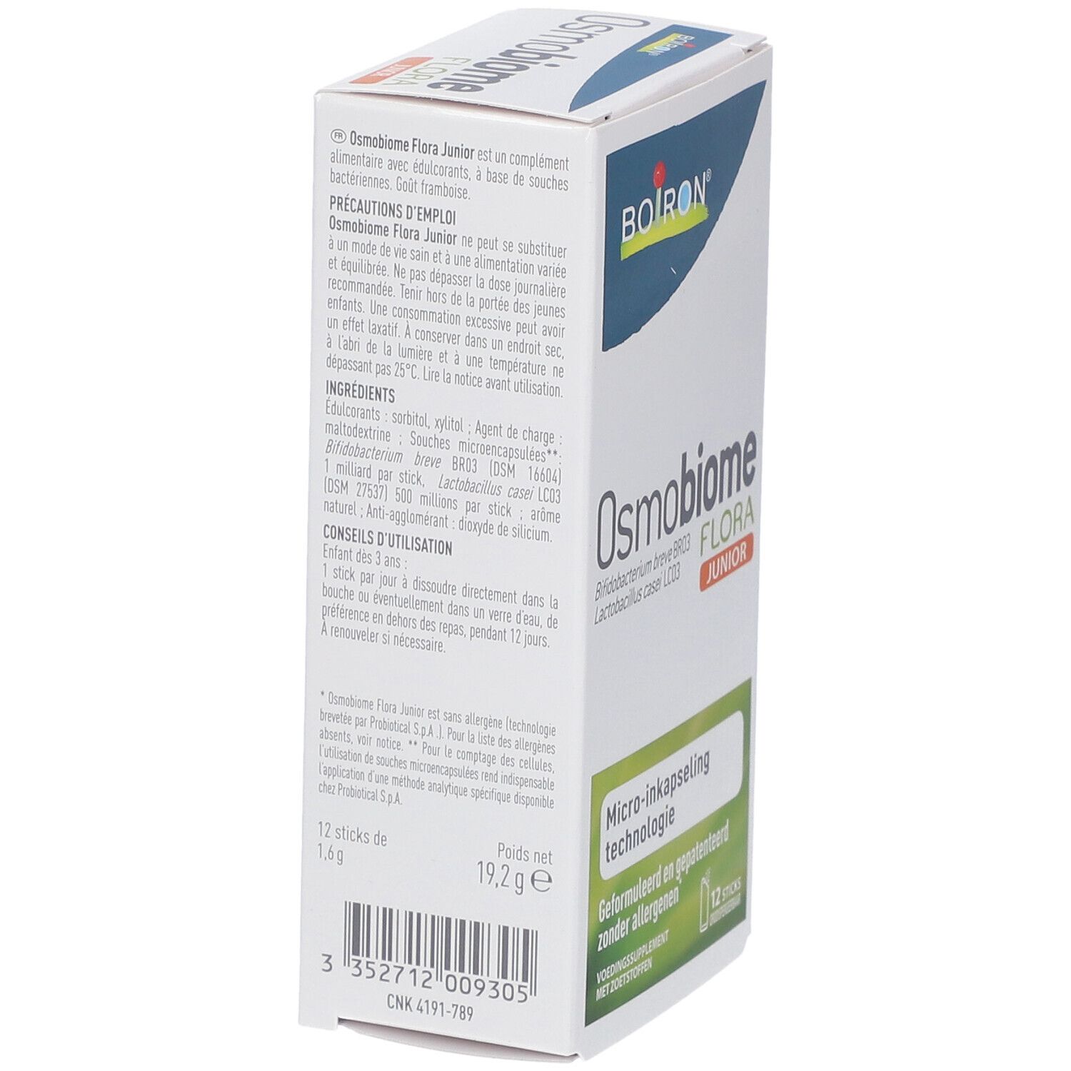 BOIRON® Osmobiome® Flora Junior Schachtel, Seitenansicht. 12 Sticks. Text und Inhaltsstoffe. 19,2g.