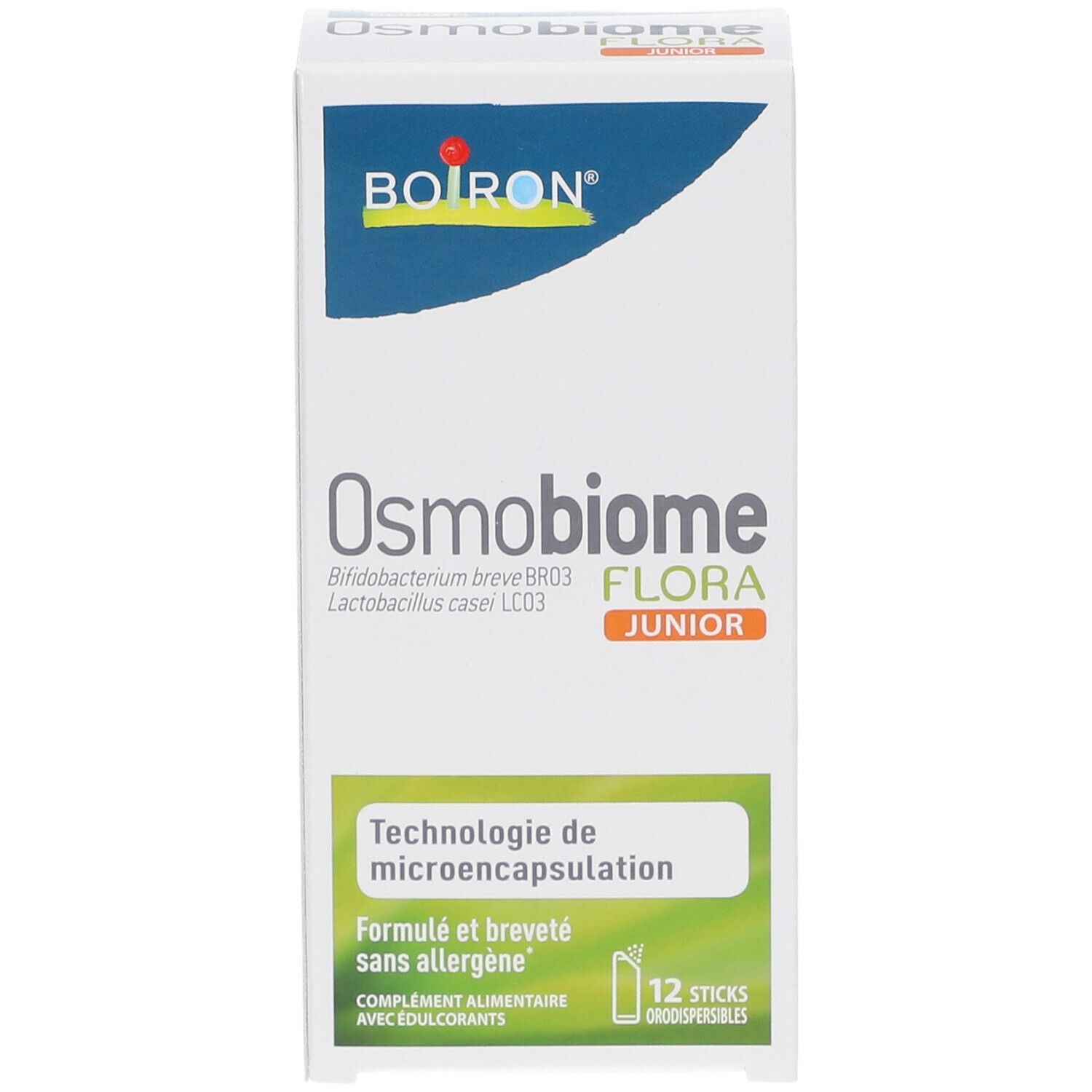 Schachtel mit BOIRON® Osmobiome® Flora Junior. 12 Sticks. Technologie der Mikroverkapselung. Ohne Allergene.