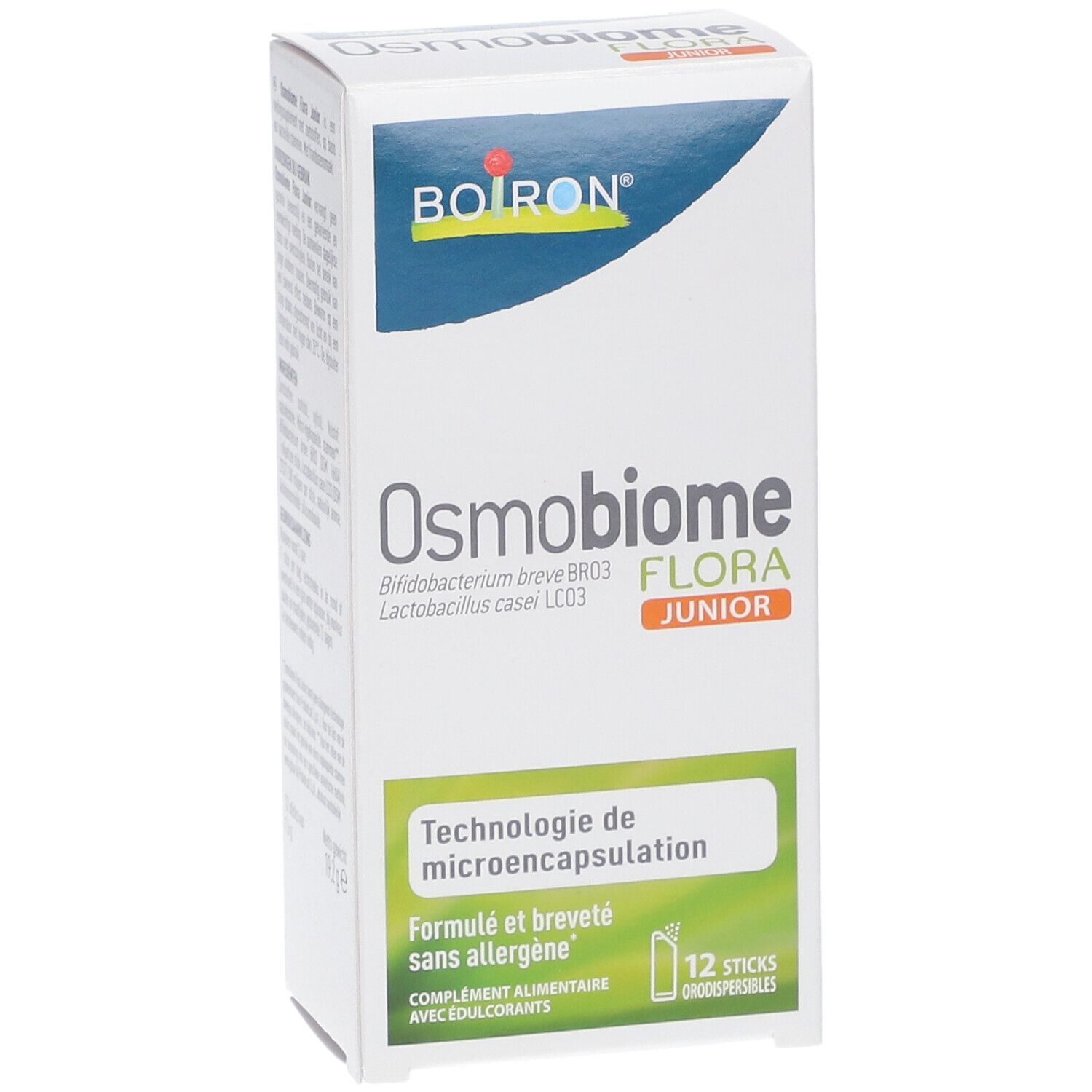 Schachtel mit BOIRON® Osmobiome® Flora Junior. 12 Sticks. Technologie der Mikroverkapselung. Ohne Allergene.