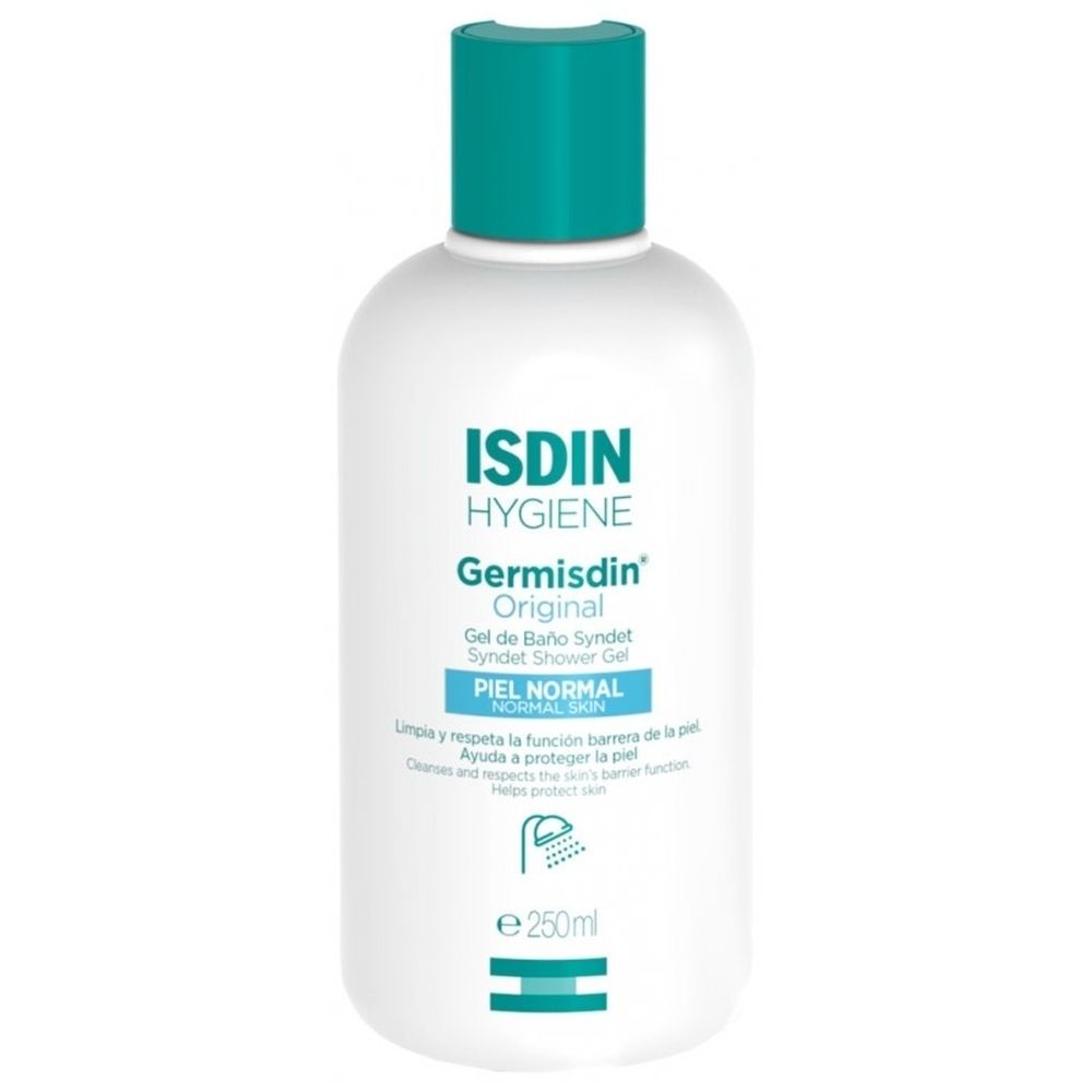 Flacon blanc avec bouchon turquoise. Inscription: ISDIN Hygiene Germisdin Original. 250ml.
