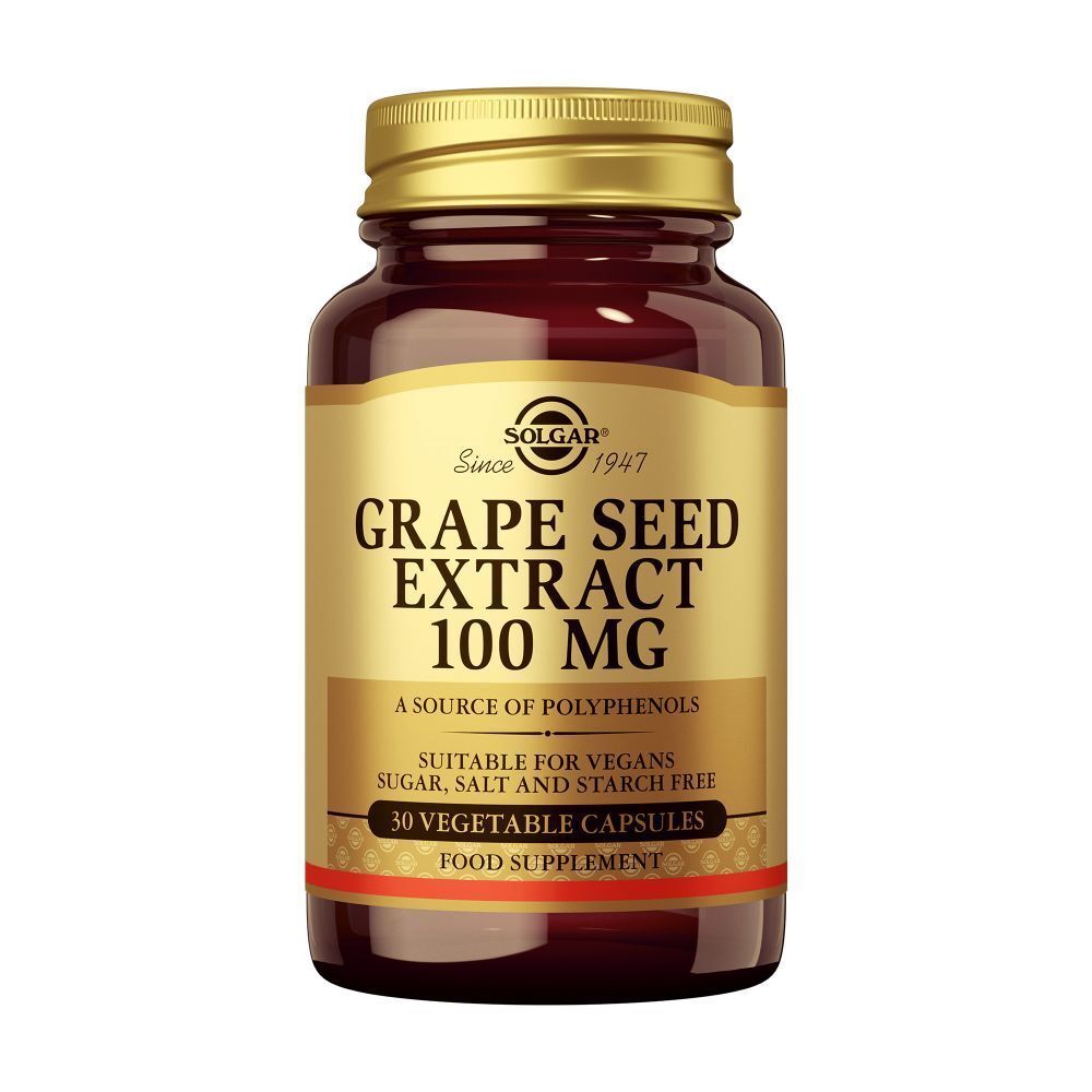 Flacon en verre brun avec capsules. Inscription: Grape Seed Extract 100 mg. Convient aux végétaliens. 30 capsules.