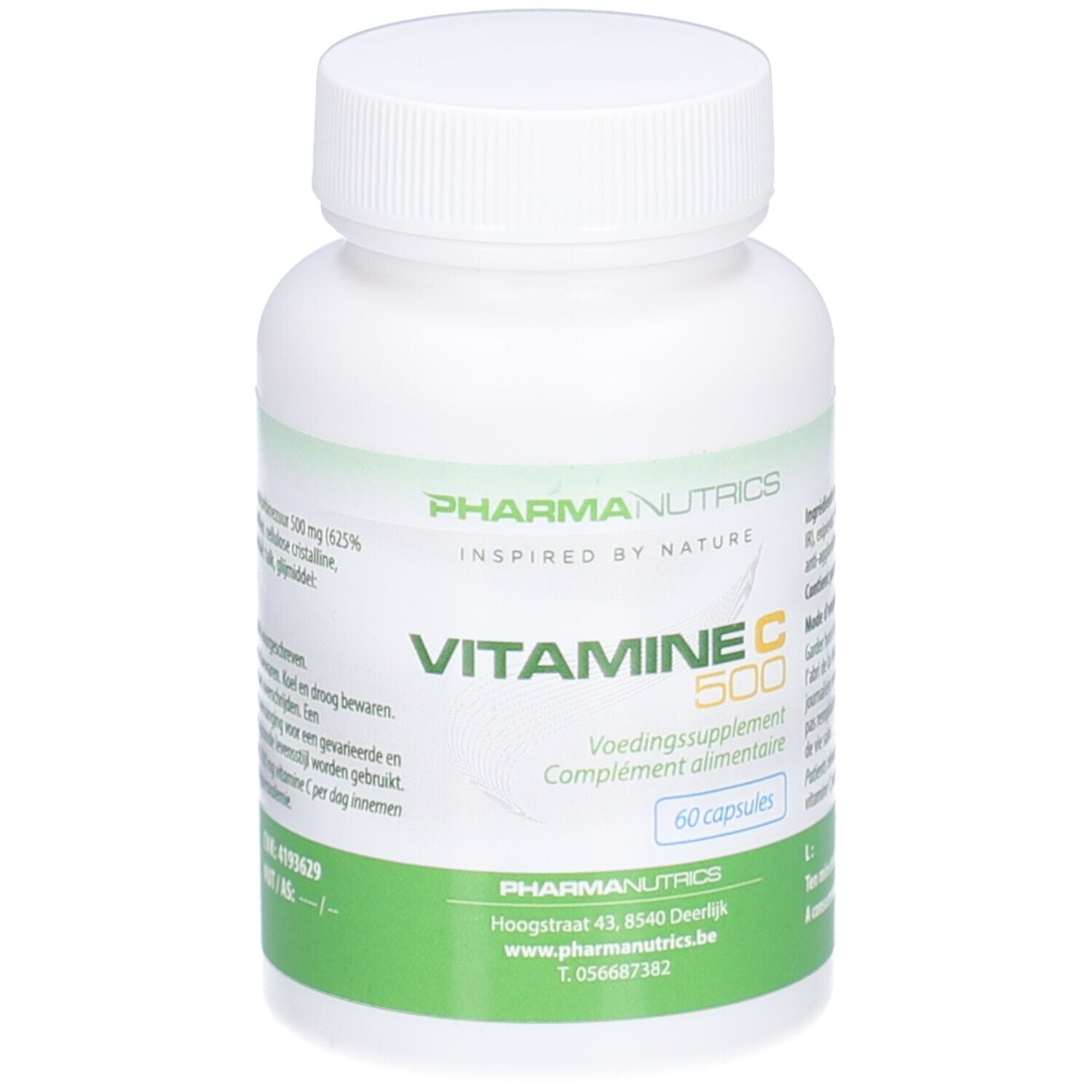 Weiße Flasche mit Pharmanutrics Vitamine C 500. 60 Kapseln. Grün-weiße Etiketten mit Produktinformationen.