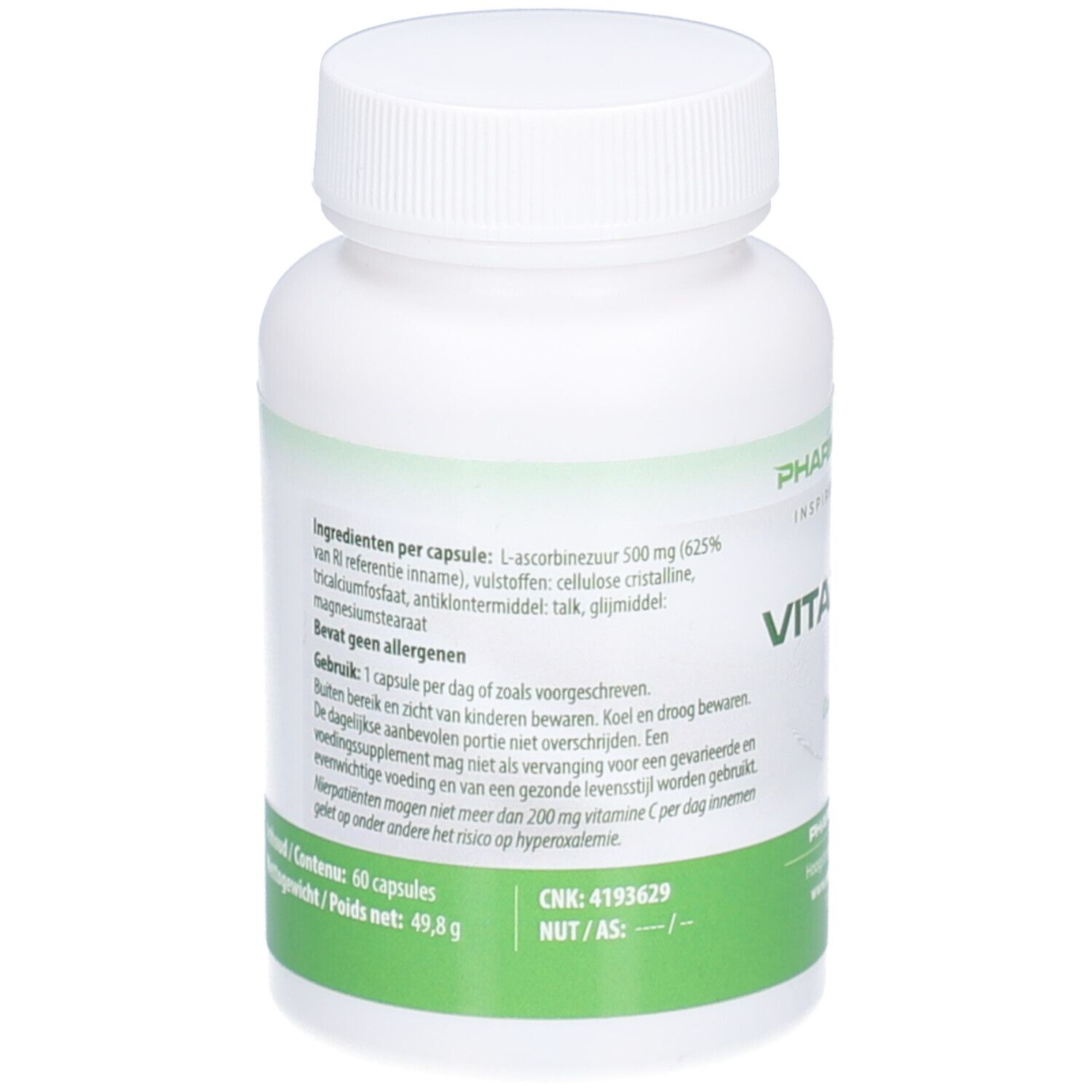 Rückseite der weißen Flasche Pharmanutrics Vitamine C 500. Zutatenliste und Anwendungshinweise.