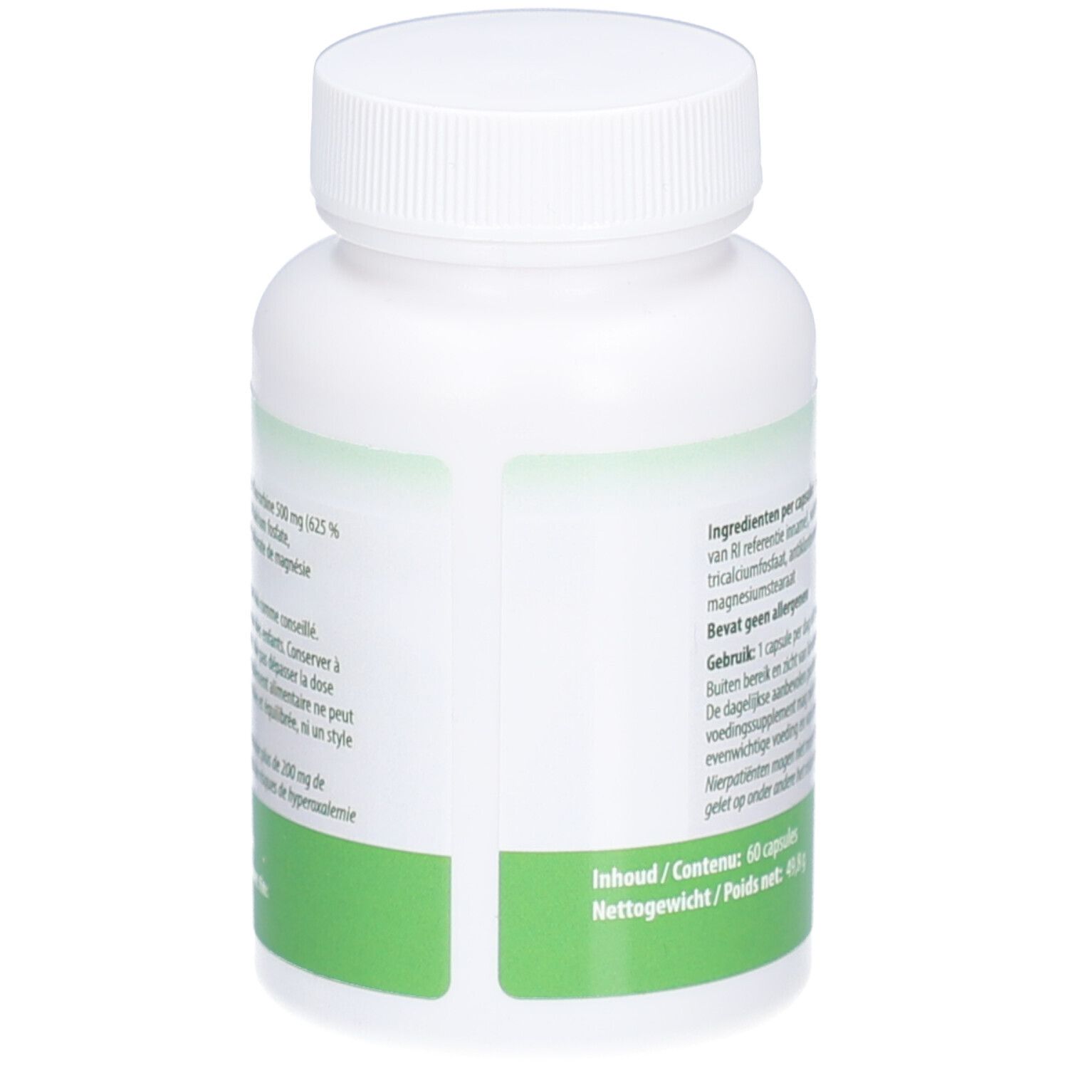 Rückansicht der weißen Flasche Pharmanutrics Vitamine C 500. Etikett mit Inhaltsangaben und Gewicht.
