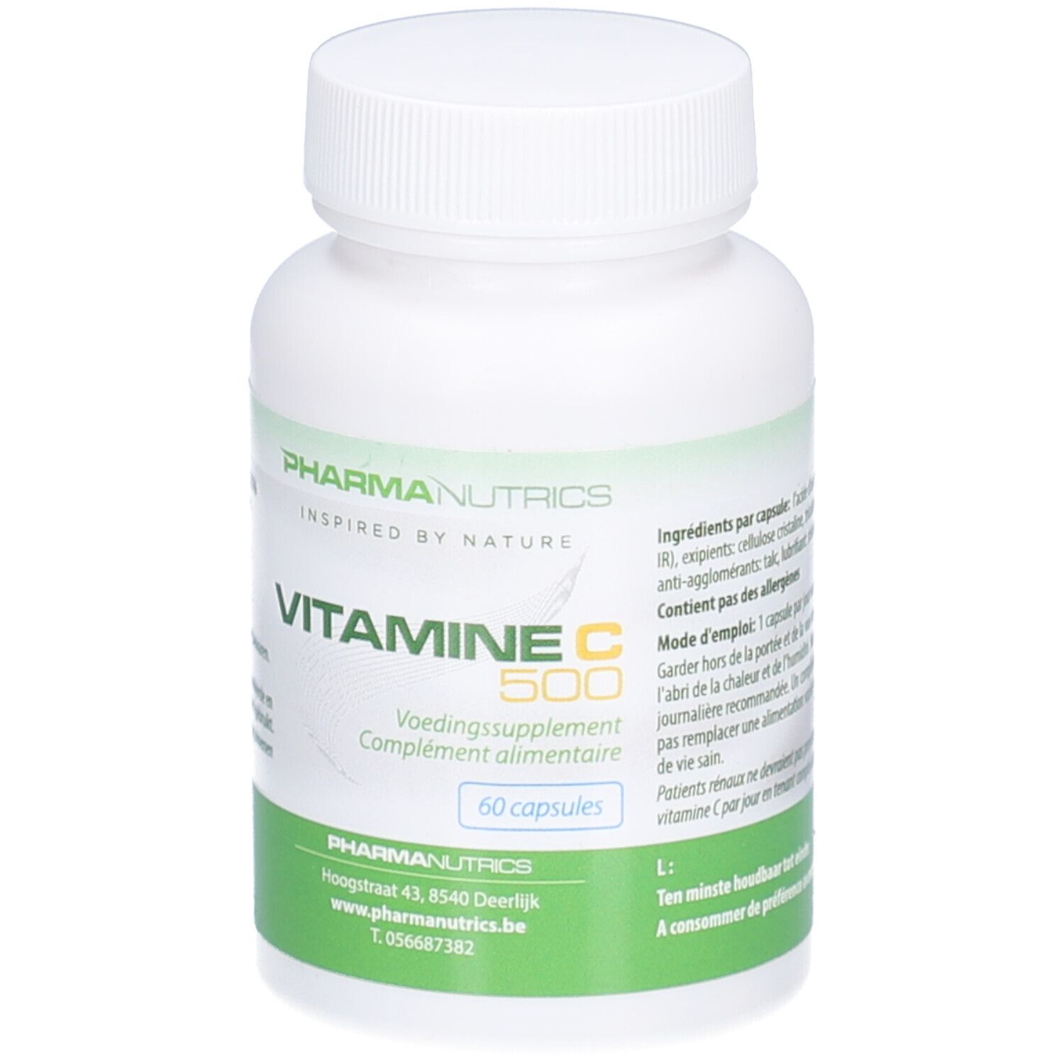 Weiße Flasche Pharmanutrics Vitamine C 500. 60 Kapseln. Etikett mit Produktinformationen und Dosierung.