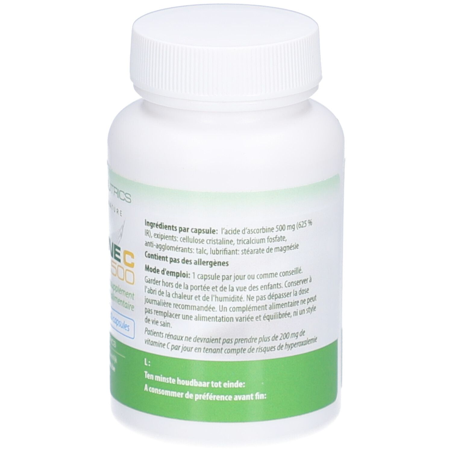 Rückseite der weißen Flasche Pharmanutrics Vitamine C 500. Zutaten, Anwendung, und Haltbarkeitsdatum.