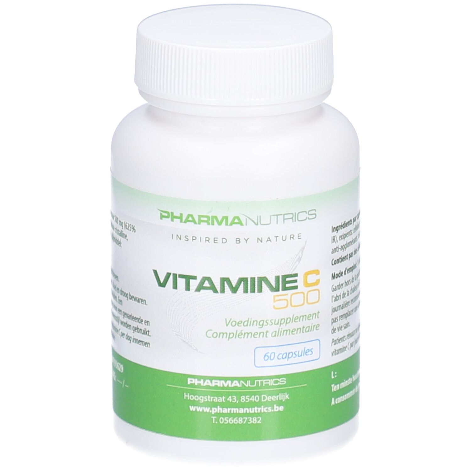 Weiße Flasche Pharmanutrics Vitamine C 500. 60 Kapseln. Etikett mit Produktinformationen und Adresse.