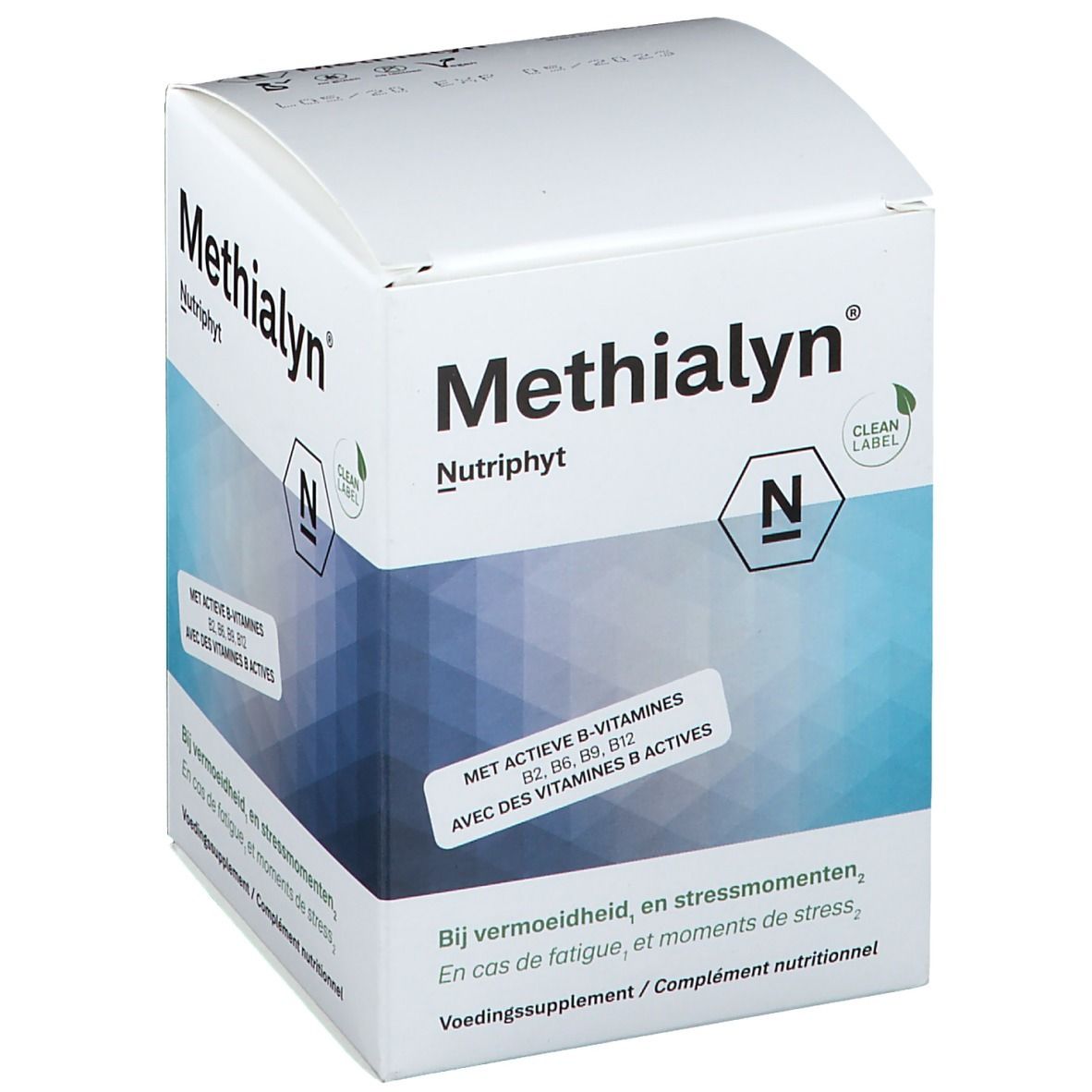 Weißer Karton mit "Methialyn" und "Nutriphyt" Schriftzug. Enthält B-Vitamine. Mit "Clean Label" Siegel.