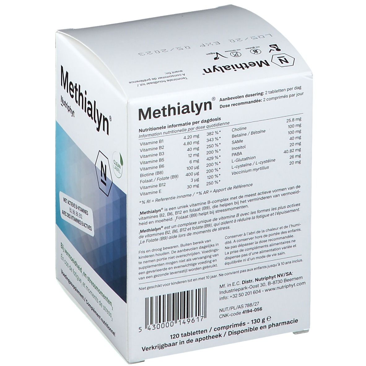 Weißer Karton mit "Methialyn" und "Nutriphyt" Schriftzug. Enthält Nährwertinformationen und Inhaltsstoffe.