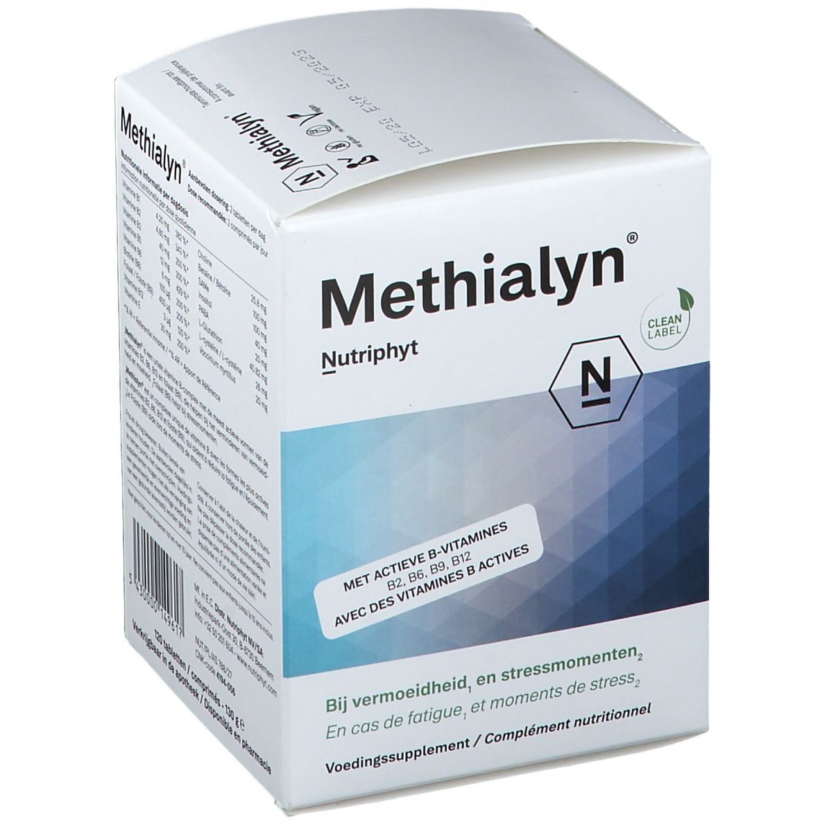 Weißer Karton mit "Methialyn" und "Nutriphyt" Schriftzug. Enthält B-Vitamine. Hintergrund mit blauen Linien.